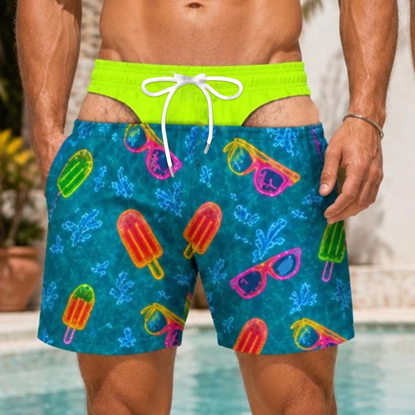 TEMU [print Design - Not Textured] Popsicle Sunglasses Summer Element Print Drawstring Loose Men's Beach Shorts, Seaside Vacation Casual Trendy