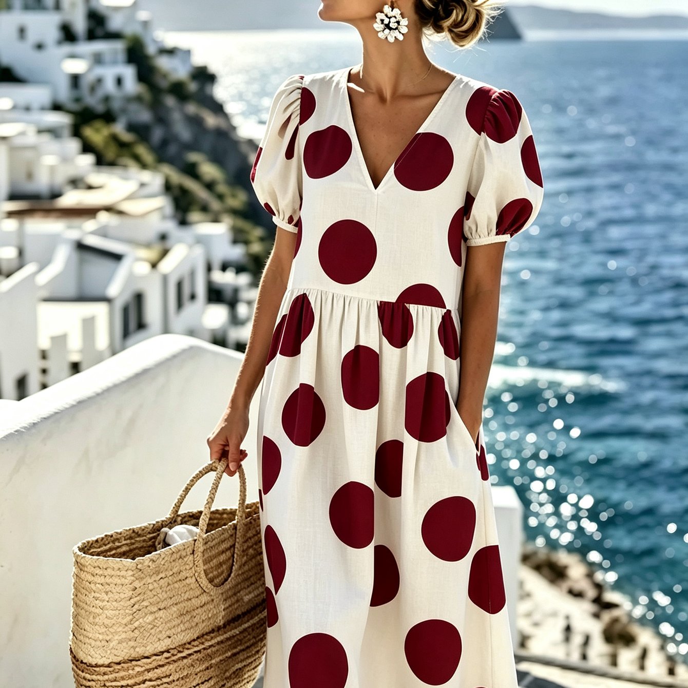 Image of Women's V-neck Dress, Summer Red White Big Polka Dot Print, Mid-length A-line Silhouette, Retro , Puff Sleeve High Waist Slim Fit With Big Pockets, Perfect For Beach Vacation Daily Outing Travel Casua
