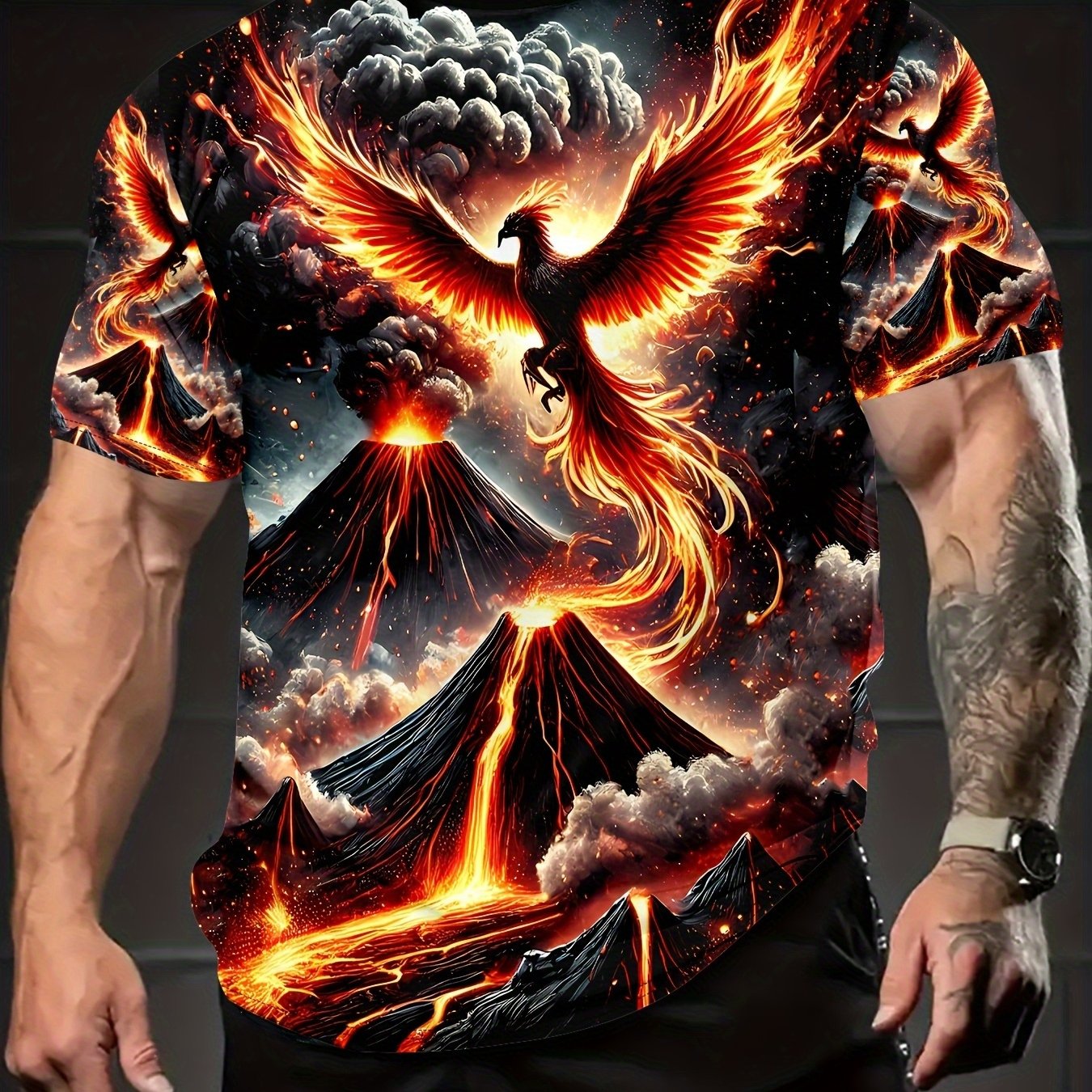 TEMU Men's T-shirt, Volcano Phoenix Pattern Tee - Short Sleeve, Breathable And Comfortable, Summer Top, Vibrant Flame Design, Machine Washable,