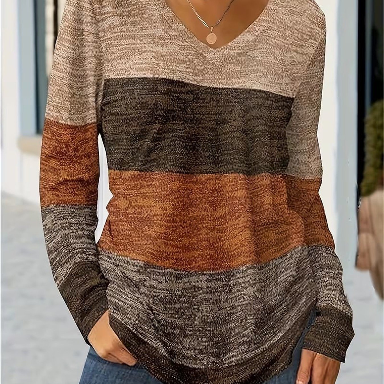 TEMU Women's Fashion Spring/summer New Apparel, , Color-block Striped Print V-neck Long Sleeve, -, Loose Casual Top, Base T-shirt, Suitable Daily