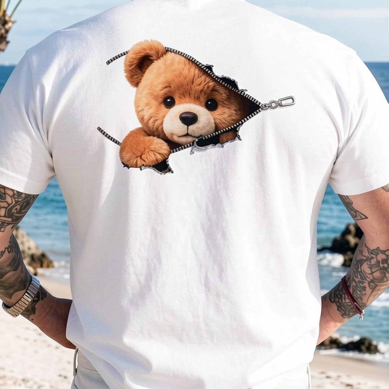 Image of Bear Print Zipper Men's T-shirt With Back Print - Crew Neck - 100 Cotton - 200g - - Fashionable Casual Attire