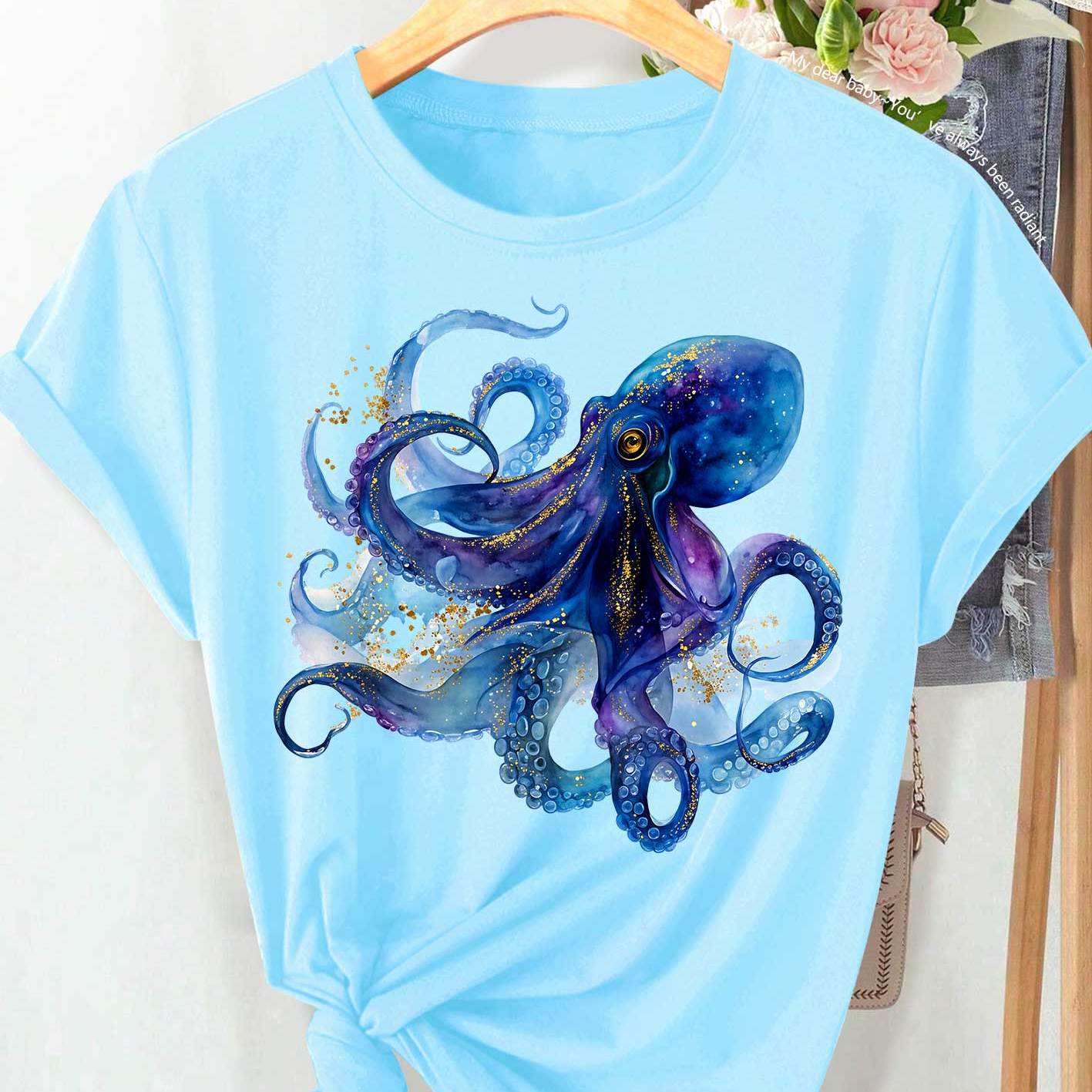 TEMU Women's Plus Size Golden Glitter Octopus T-shirt - Watercolor Suitable For Spring Summer Fall Casual Round Neck Short Sleeve -compatible Top For