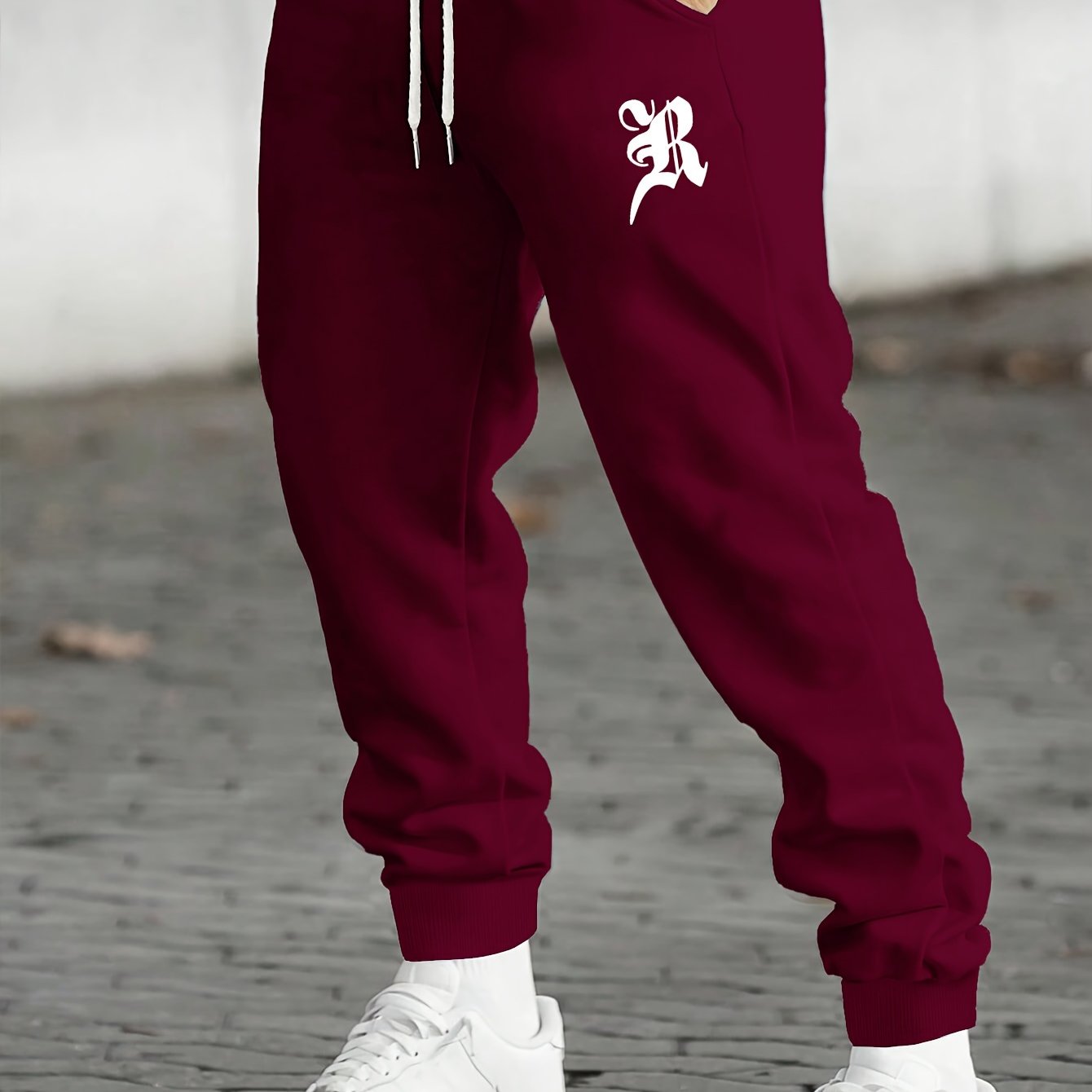 TEMU Men's Maroon Geometric Print Joggers - Elastic Cuff Casual Sweatpants With Adjustable Drawstring Waist, Machine Washable Regular Fit Outdoor