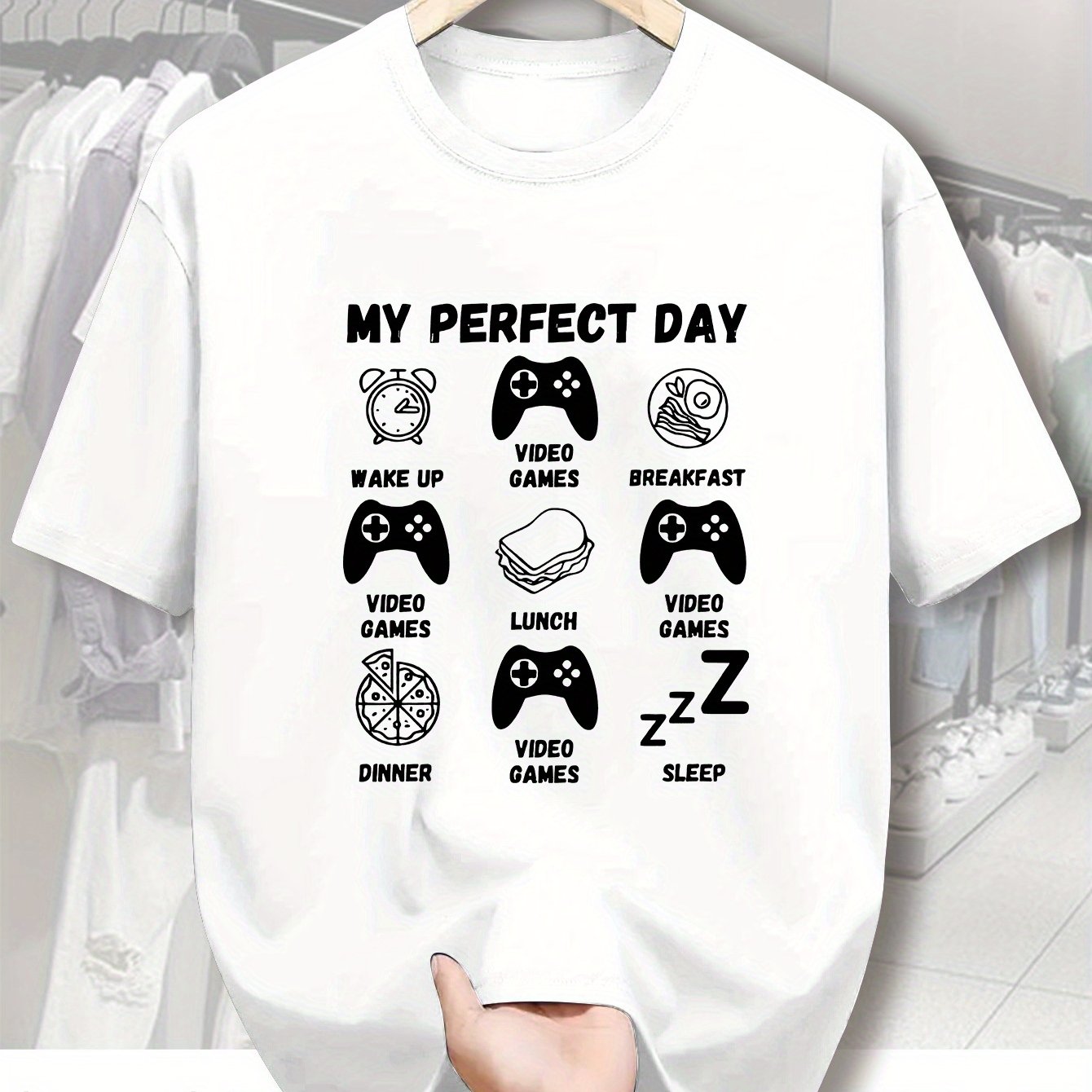TEMU Men's " Day" Video Games & Food Icon T-shirt - Breathable Summer Casual Short Sleeve Tee With Video Game Characters & Meal Print, Round Neck
