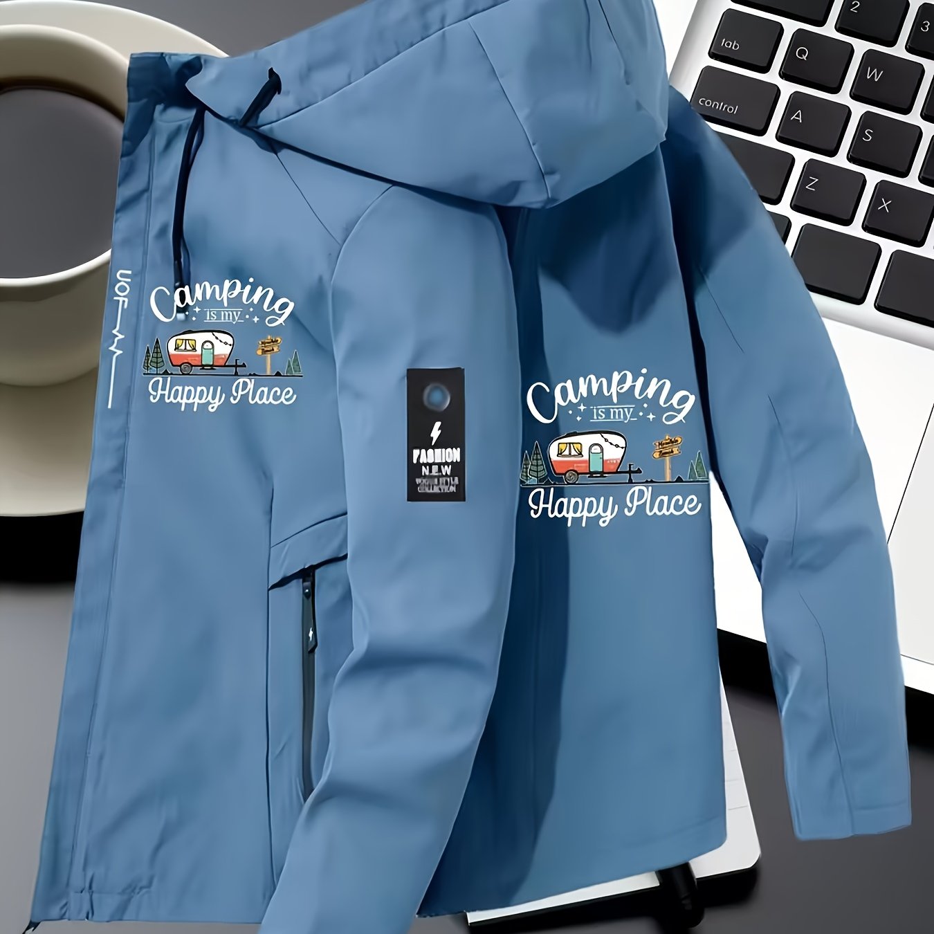 TEMU Men's Van Graphic Print Hooded Jacket - Durable Polyester Outdoor With Zippered Pockets And Adjustable Hood, Machine Washable Casual Jacket,