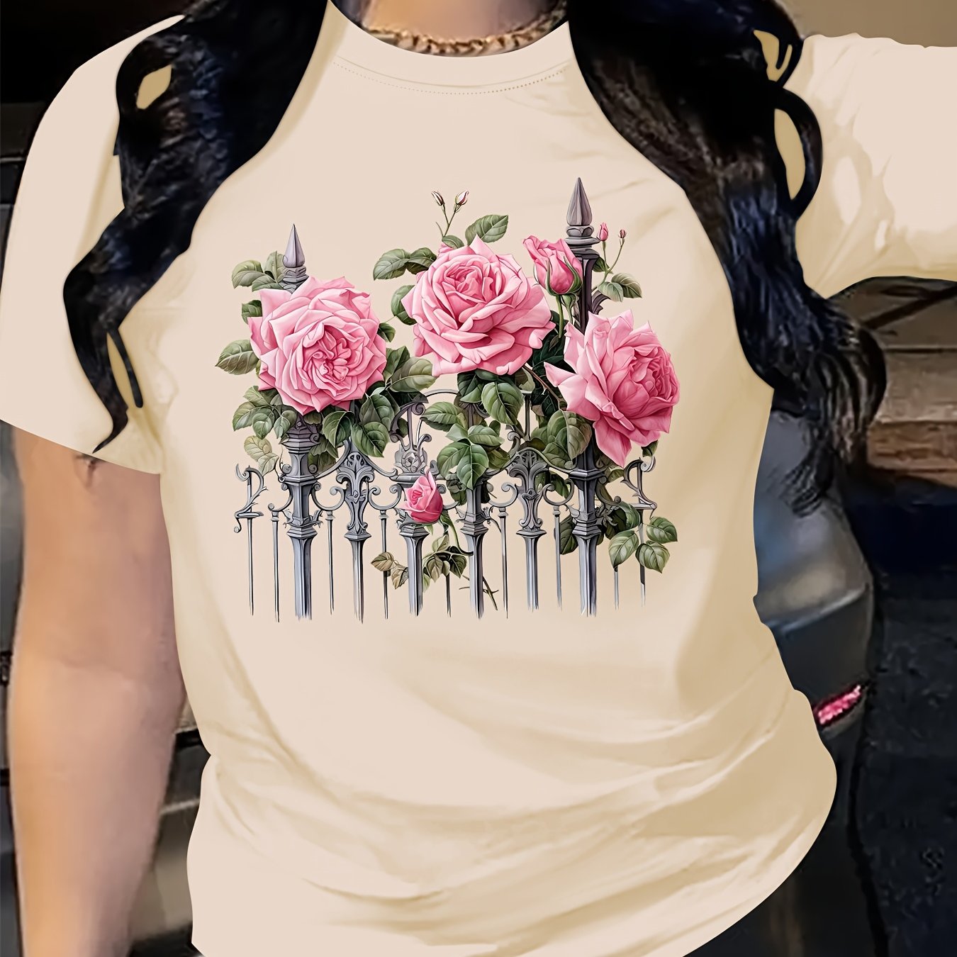 TEMU Women's Casual Floral Print T-shirt - Soft & Breathable Short Sleeve Top With Pink Roses & Green Leaves, Round Neck, Perfect For , Ladies T