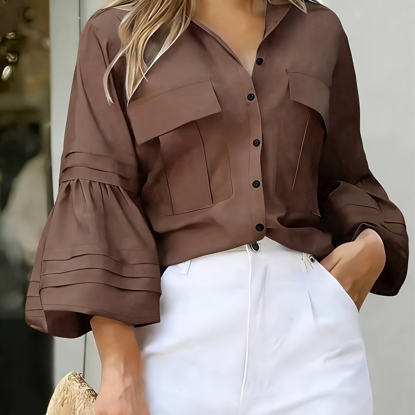 TEMU Camisa de campana para mujer, casual, elegante, de color liso para viajes diarios - Nueva colección de /otoño