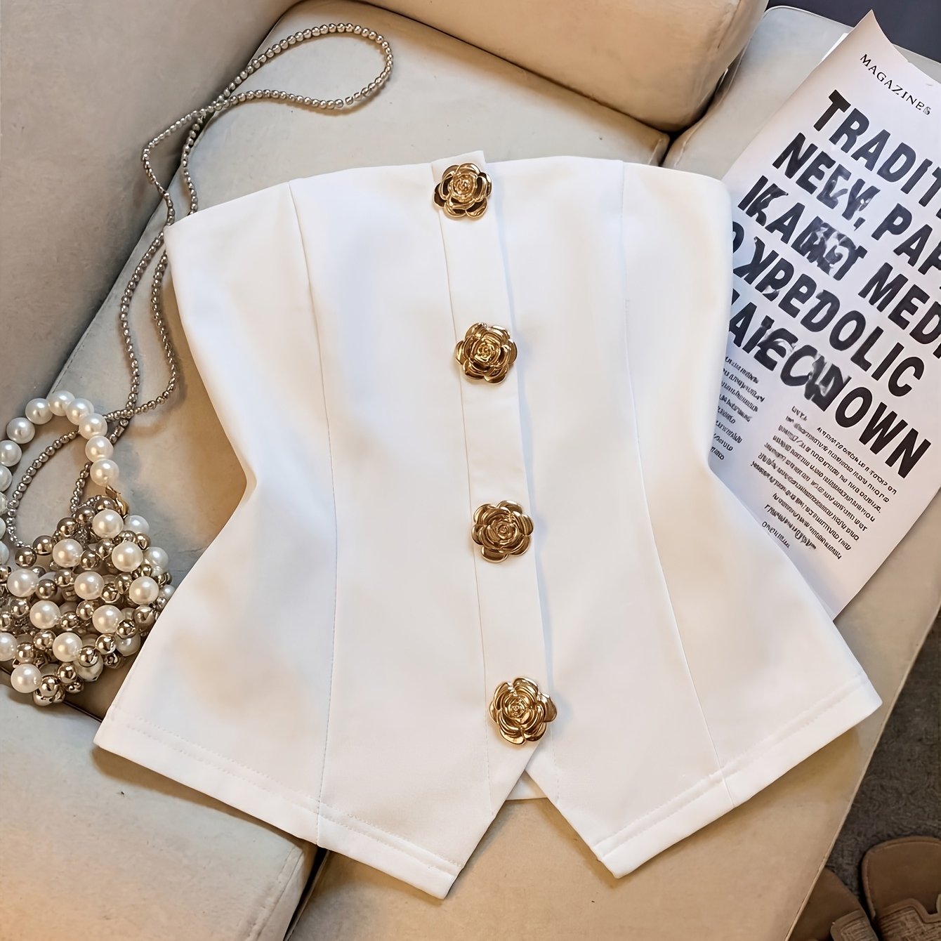 TEMU Classic Elegant Style Strapless Top For Women, Golden Camellia Flower Button Waist-cinching Crop Top, Strapless Vest, Party High-end Inner Or