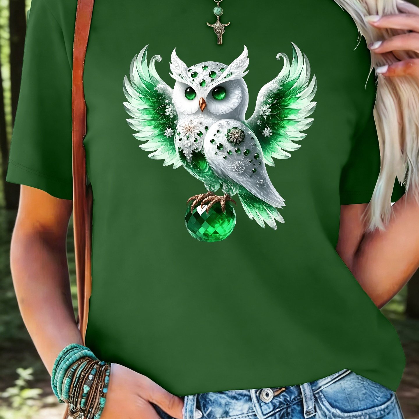 TEMU 3388# Elegant Women's Short-sleeve T-shirt, Fashionable For Commuting, Summer Essential, For Travel, Dates, Gifts, Vacations, Seaside Owl Wings