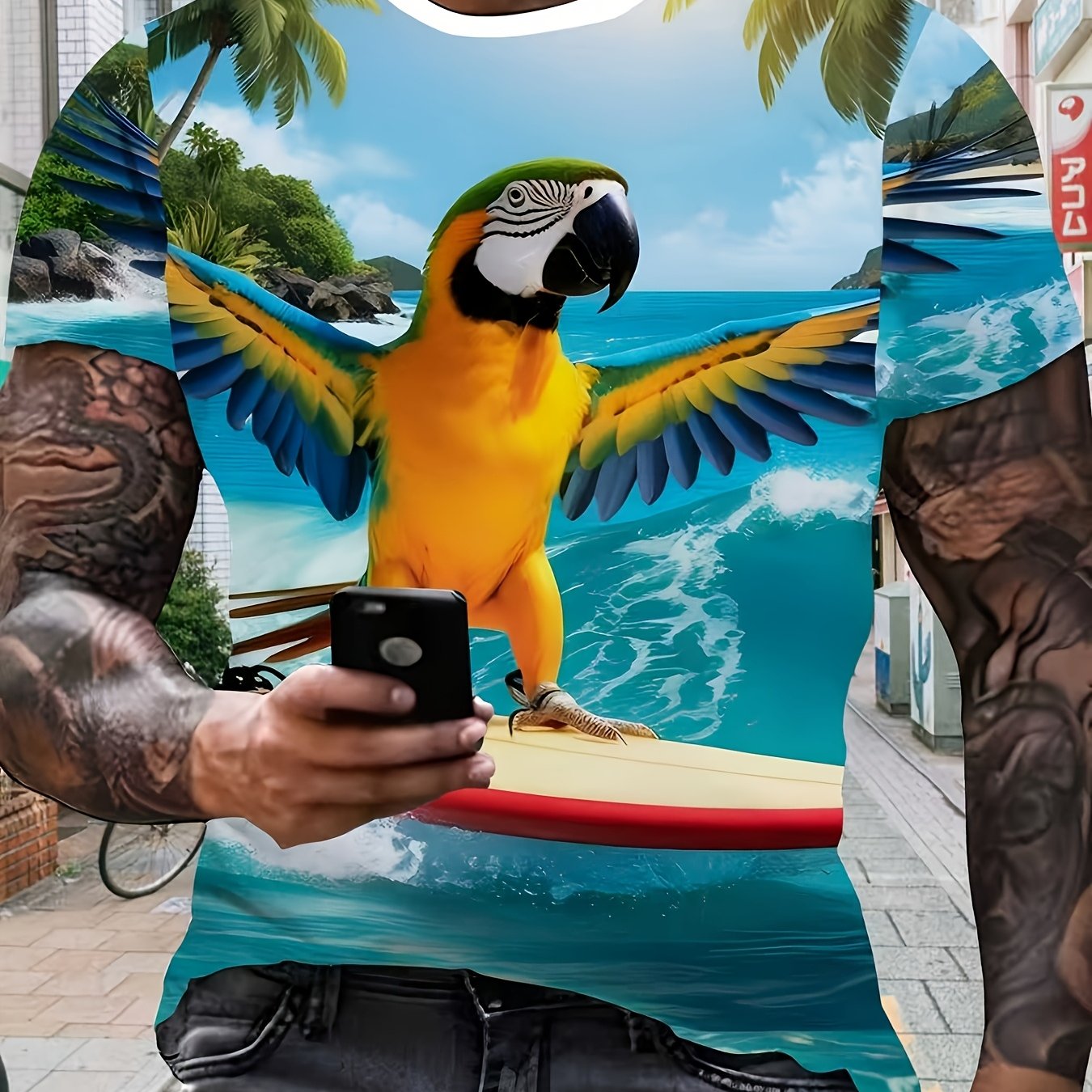 TEMU 2025 Trendy Men's Print T-shirt - Featuring Vibrant Surfing And Tropical Parrot Designs, This Short-sleeve Round-neck Summer Casual Top Is