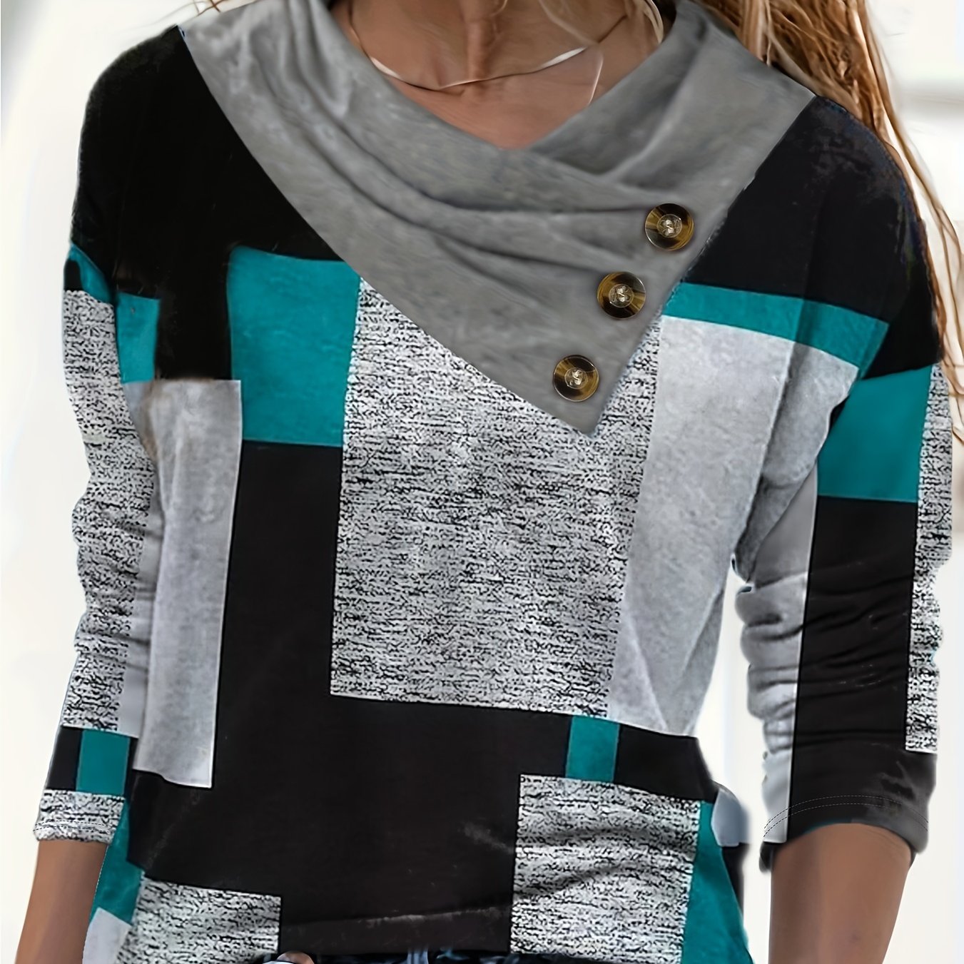 Elegant V-neck Button-front Blouse - Loose Fit Long Sleeve T-shirt, Button Top For Spring/autumn, Machine Washable Casual & Semi-formal Wear (non-)