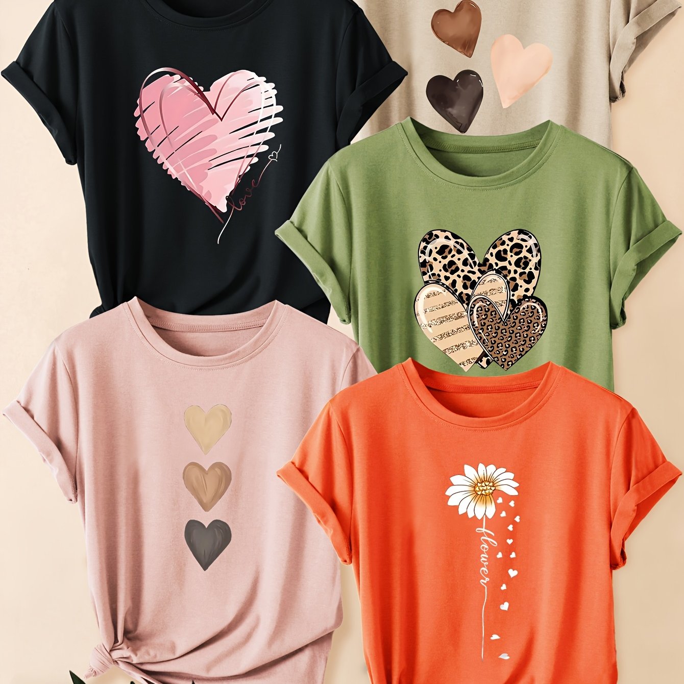 TEMU T-shirts graphiques d'inspiration vintage - T-shirts à col rond extensible avec des de marguerites, léopards et cœurs amusants - T-shirts