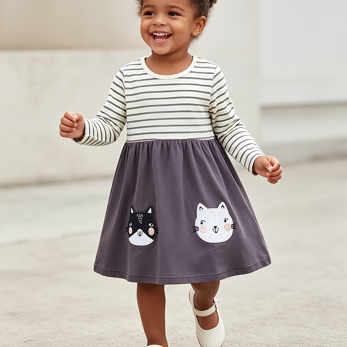 Image of Spring And Autumn Comfortable Girls' Dress, Cute Cartoon Kitten Embroidered Princess Dress, Fashion Striped Children's Dress For -7, Back-to-school And New Year Gift