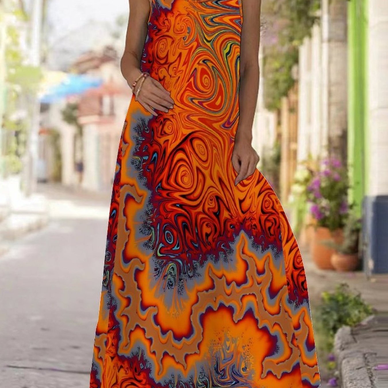 Plus Size - Women's Plus Size Spaghetti Strap Round Neck Dress, Boho Print, Ideal For Daily, Date & Party Wear