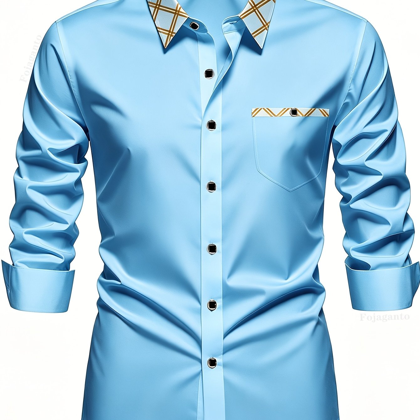 TEMU Men's Business Commuter Shirt 2026 Spring Light Blue Plaid Slim Fit Wrinkle-free Daily Casual Shirt