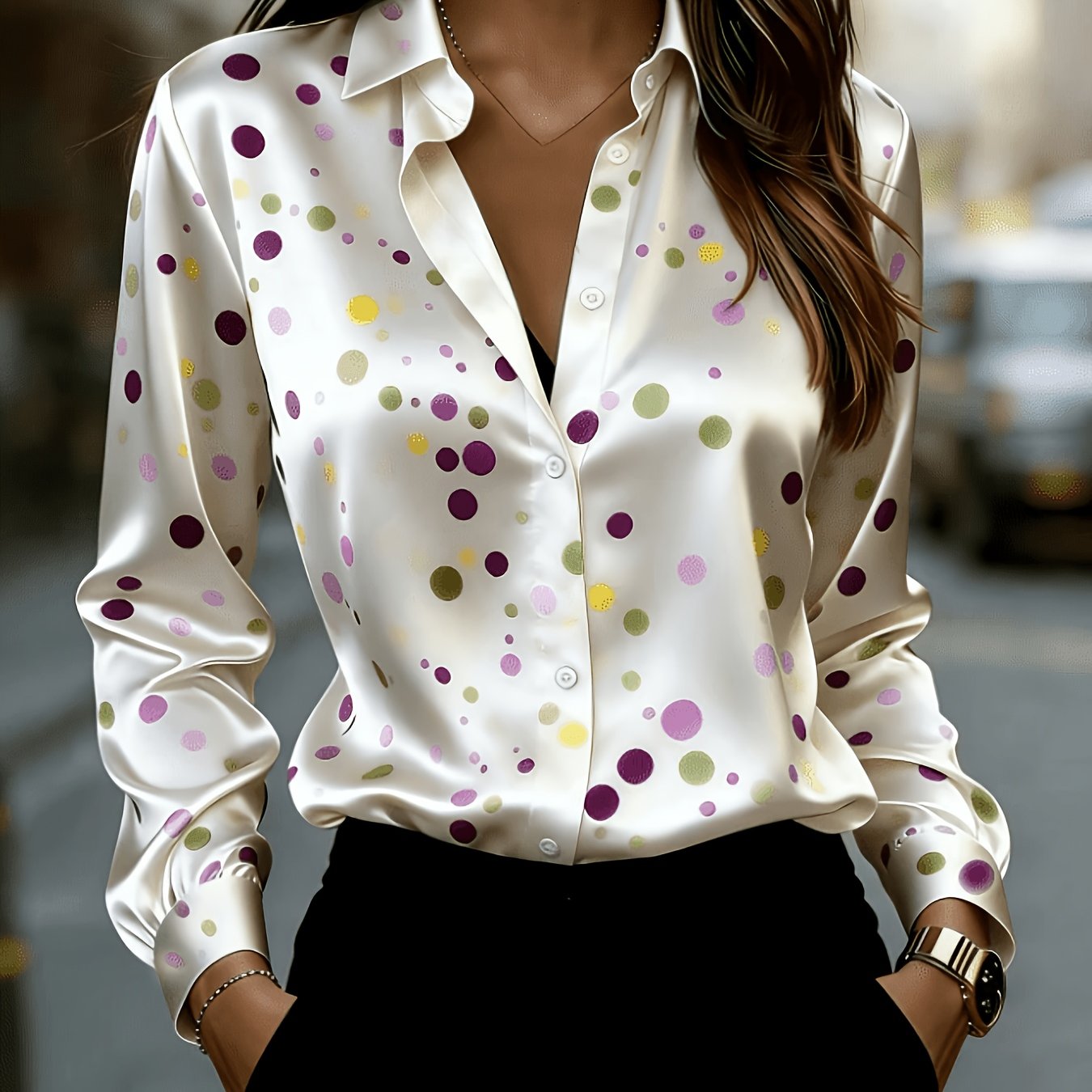 TEMU Women's Long Sleeve Button-up Shirt, Multicolor Polka Dot Pattern, Classic Collar Design