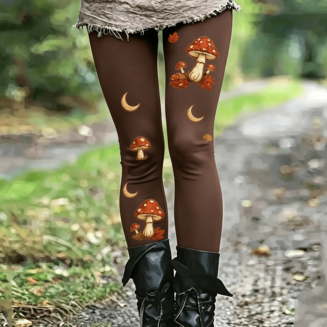TEMU Mushroom Moon Pattern Printed High-waist Tight Pants, Casual Stretch Leggings, Forest Retro Style