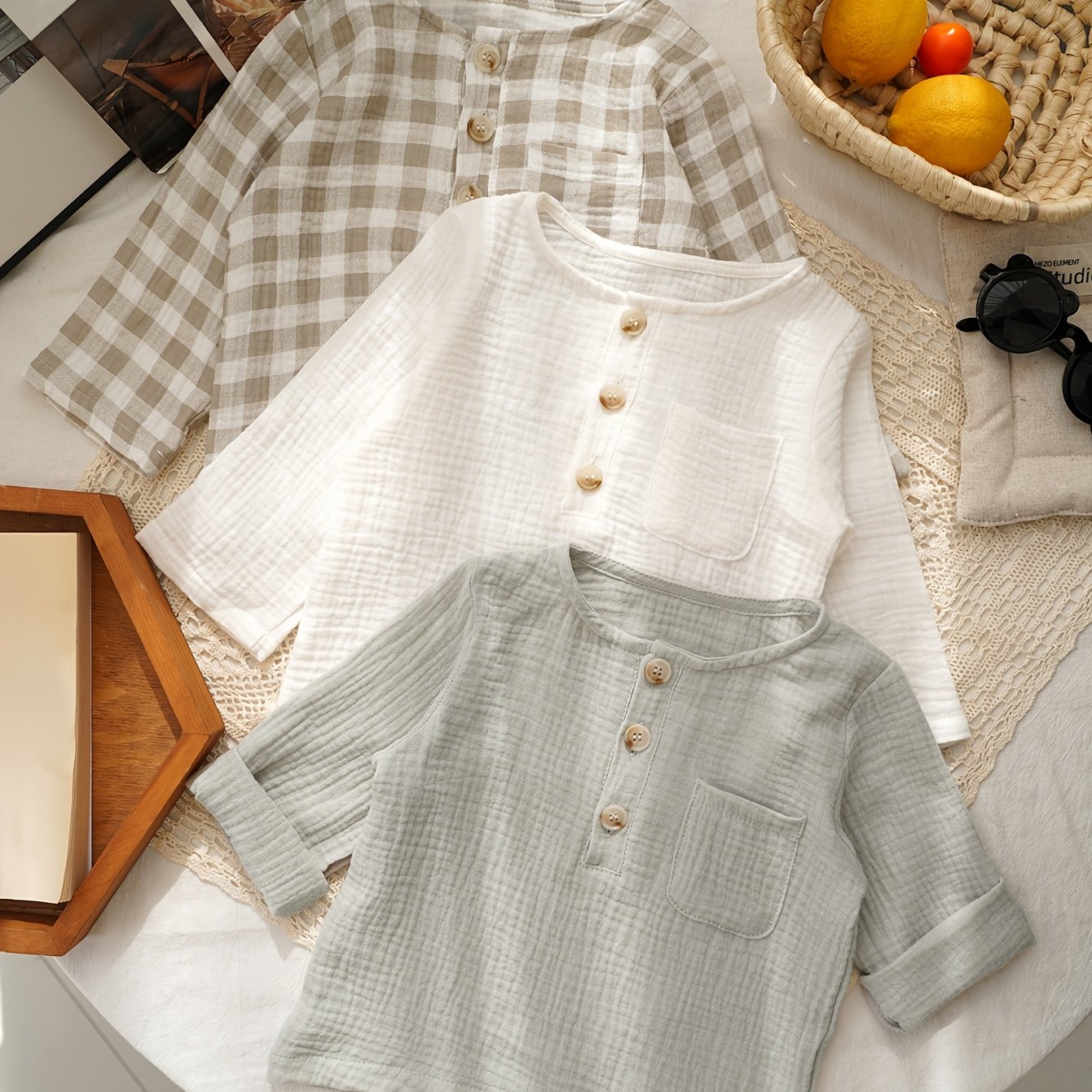 Image of 3pcs Pc Selling Baby Boy Spring Summer Pocket Shirt Casual Outfit Checkered T-shirt Korean Style Boy Soft Breathable Long Sleeve T-shirt