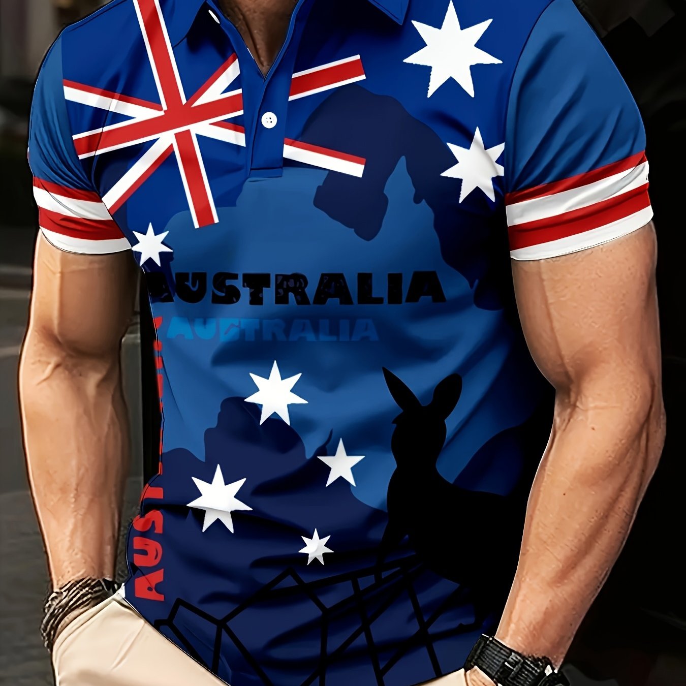 TEMU Men's Australian Flag & Kangaroo Emblem Button-front Short Sleeve Shirt - Casual Outdoor Wear, Asymmetric Hem, Machine Washable Comfortable