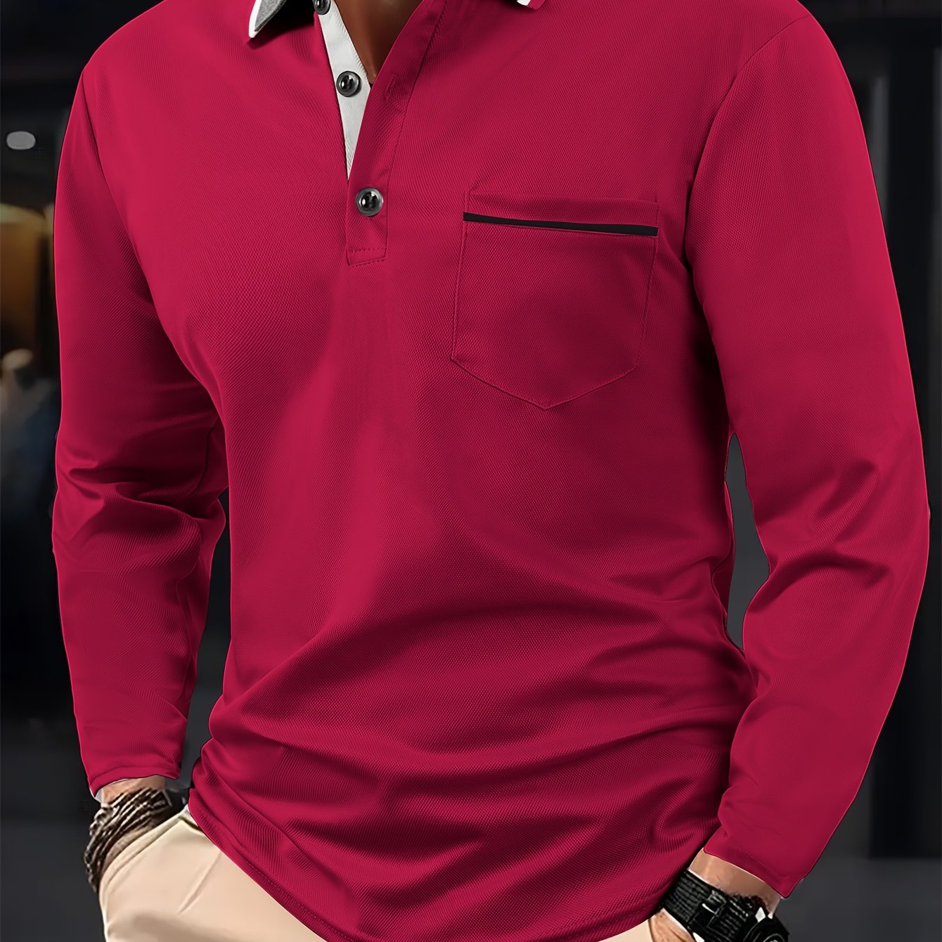 TEMU Spring And Autumn Men's Ribbed Collar Long Sleeve Shirt; Solid Color Casual Sport Lapel Pullover Sweatshirt