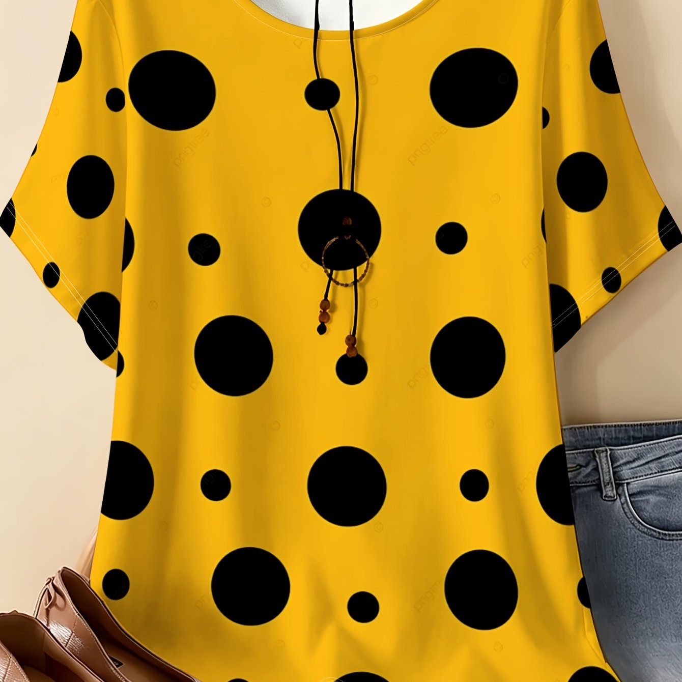 TEMU Women's Plus Size Round Neck T-shirt, Base With Large Black Polka Dot Round Neck Short Sleeve T-shirt, Retro Casual Plus Size Top Women's Plus