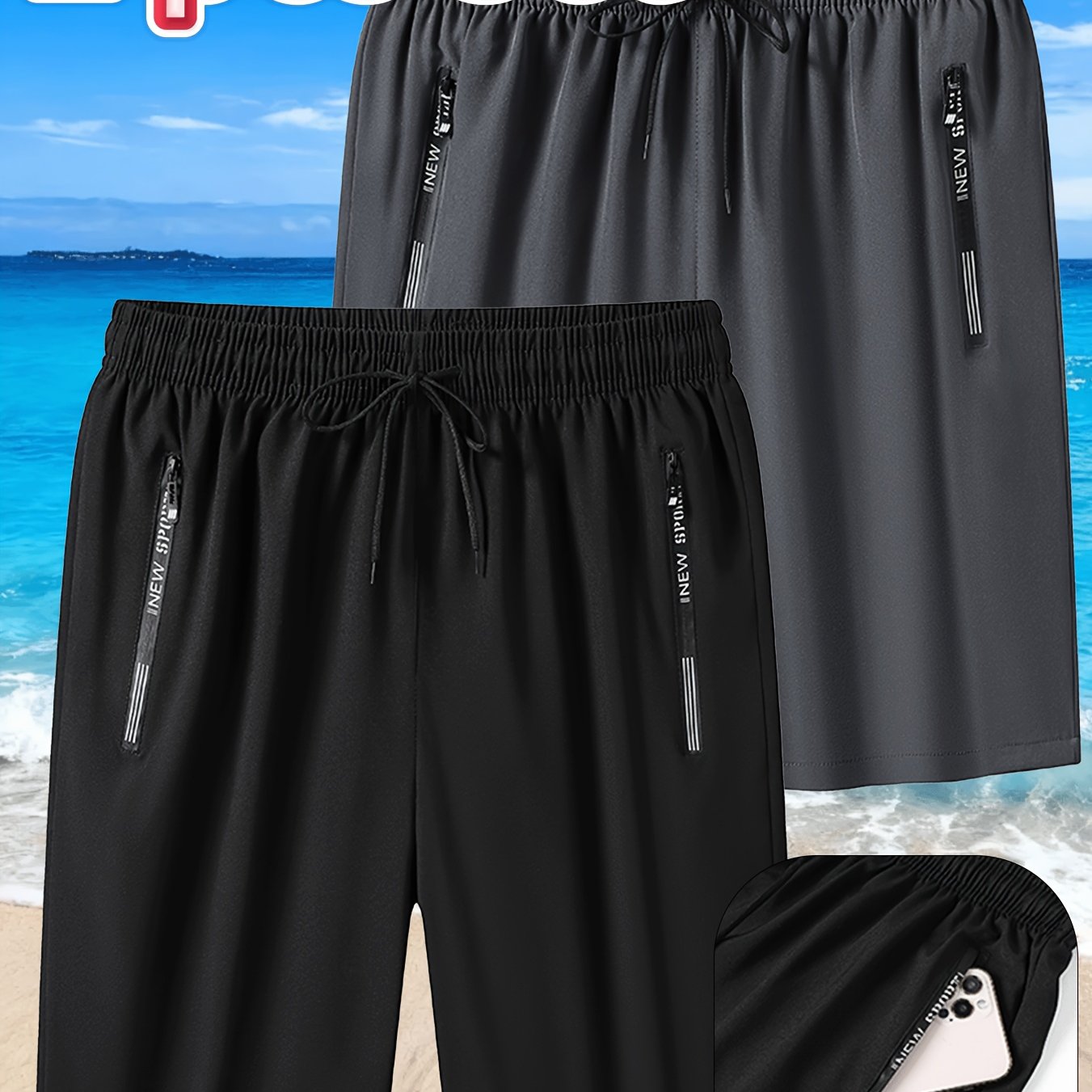 TEMU 2pcs Set Of Men's Comfortable And Breathable Shorts With Dual-side Zippered Pockets, Elastic Drawstring Waist. Ideal For Summer Gym Workouts,