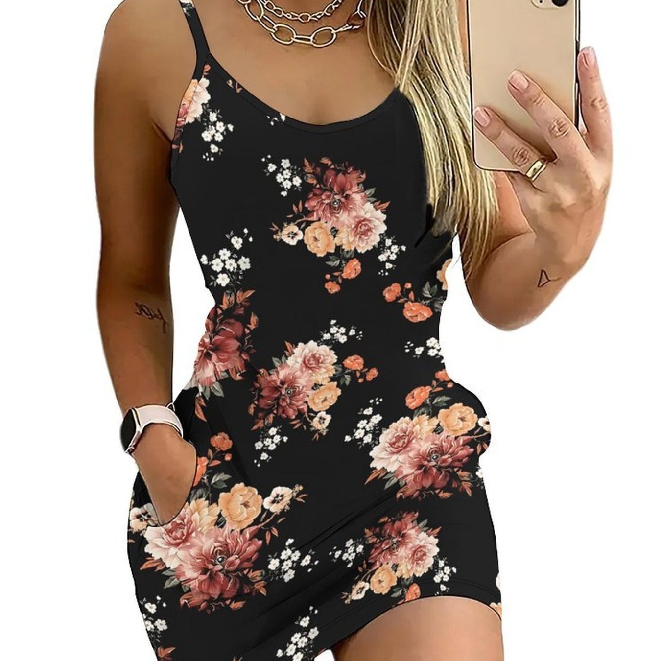 Ladies' Casual, Sporty And Elegant Sleeveless Halter Dress On . This Figure-hugging Sporty Dress With Printed Patterns And Pockets Is A Fashionable Commuting Dress Suitable For Dates And Recommended