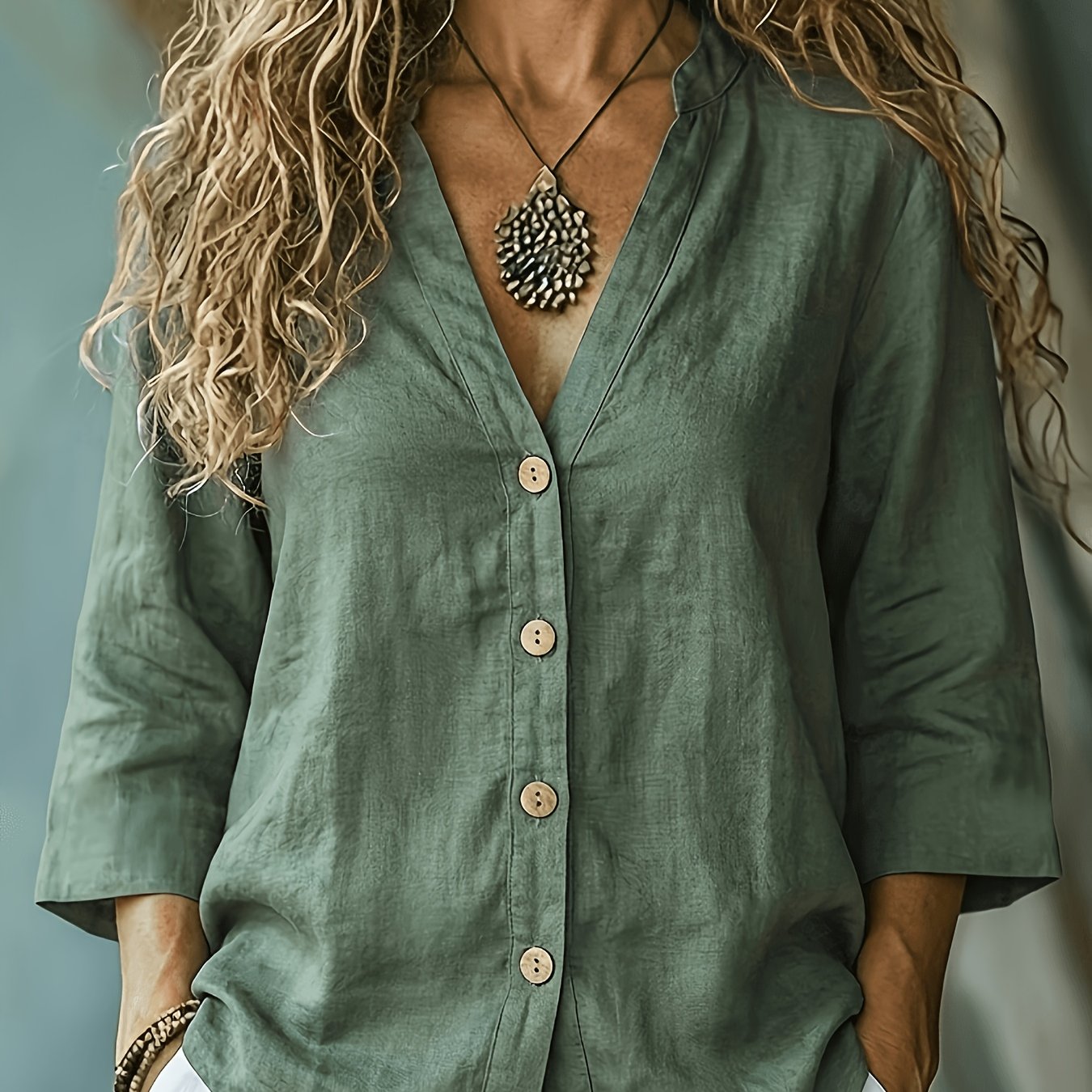 TEMU Women's Spring Summer Casual Loose V-neck Button-up Shirt
