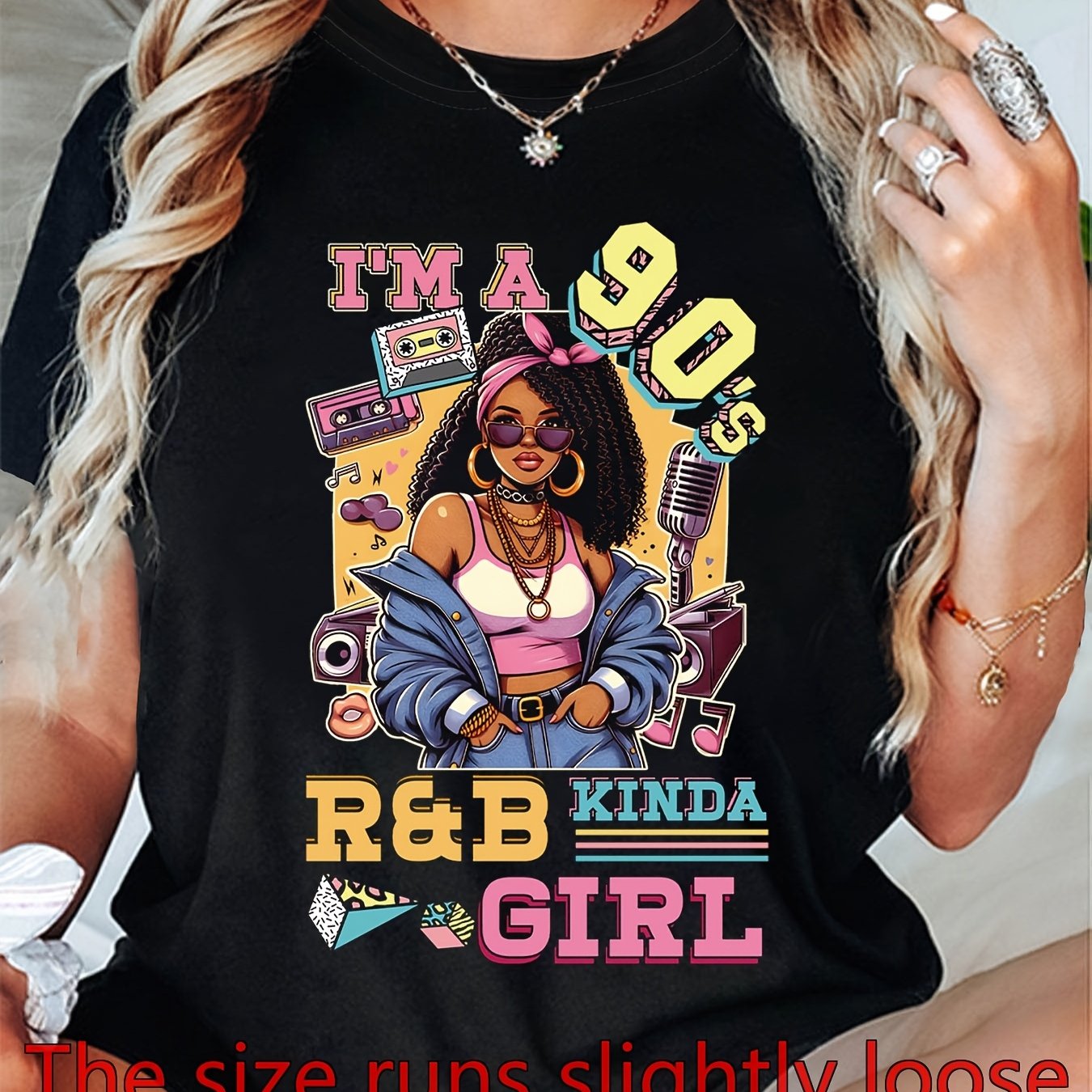 TEMU 9s R&b Graphic Print Women's T-shirt | Short Sleeve Crew Neck Casual Top For Summer & Spring, Women's Clothing