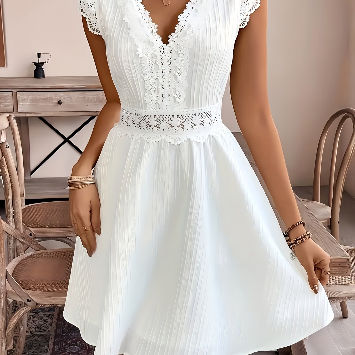 Women's Elegant White V-neck A-line Dress With Lace Trim & Petal Sleeves - Flared Short Sleeves, Fitted Bodice & Flared Skirt, Machine Washable Dress For Beach, Casual , Beach Dresses, Sophisticated