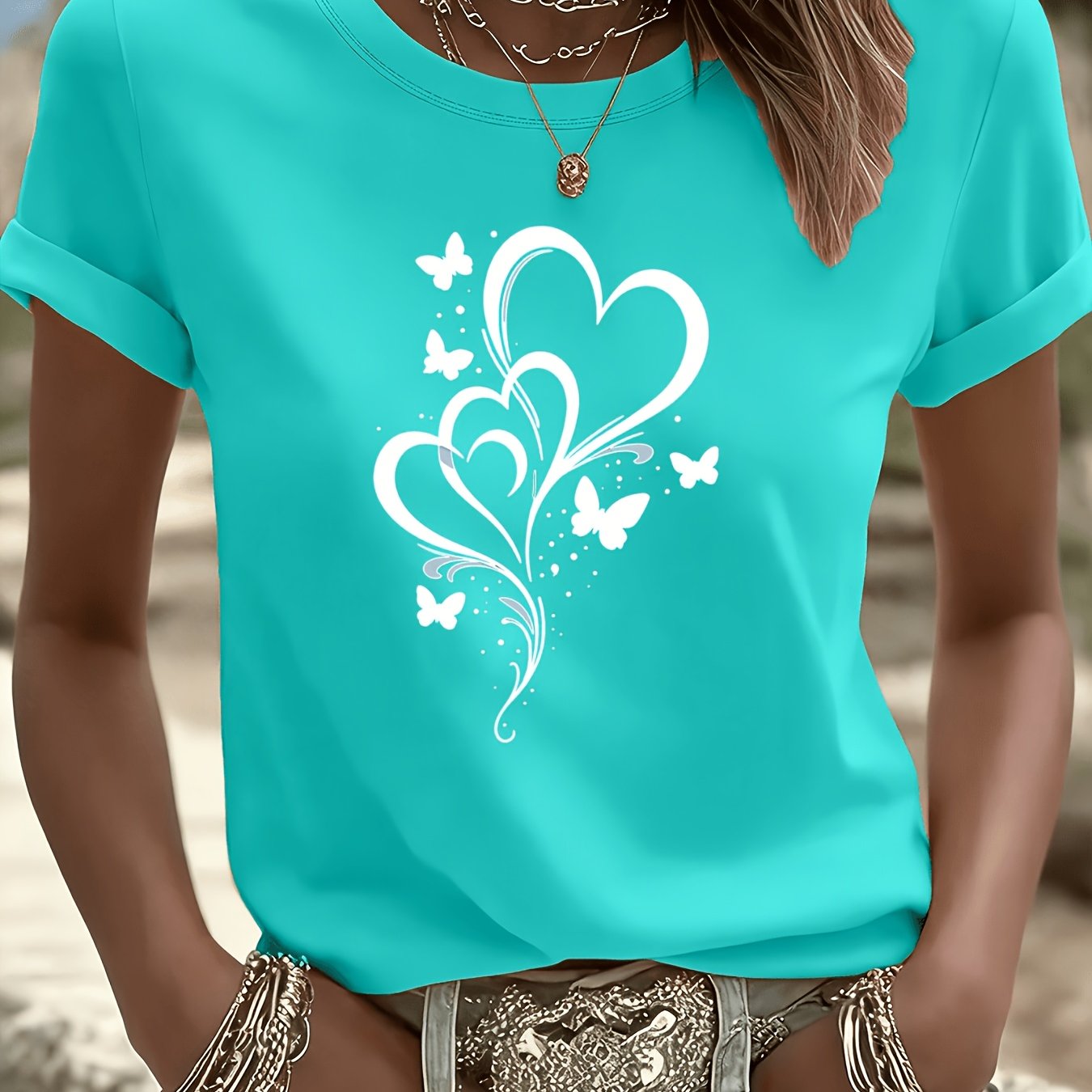TEMU 3388# Short Sleeve New T-shirt Top Women's Summer Essential Travel Dating Mother's Day Gift Vacation Beach Heart