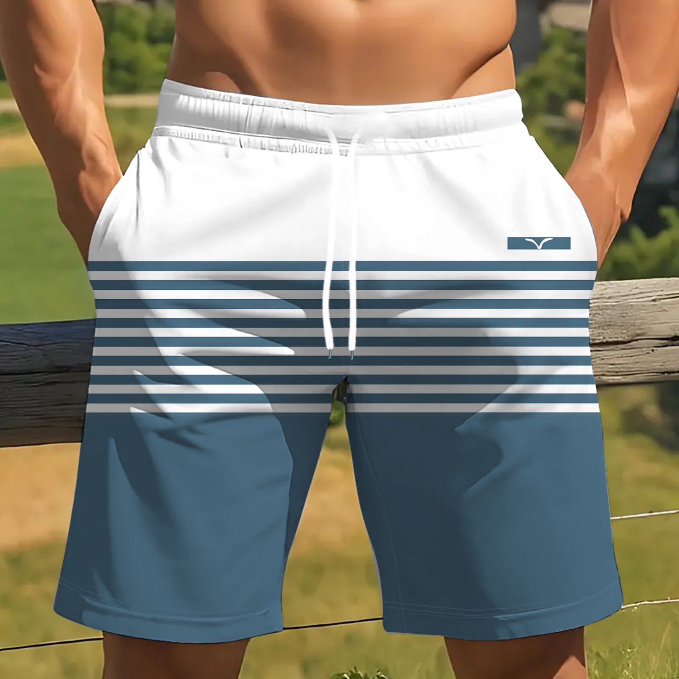 TEMU Men's Blue White Striped Easy Casual Shorts, Summer Trendy Shorts, Suitable For Minimalist Style, Daily Commute Outfit, Striped, Elastic Waist