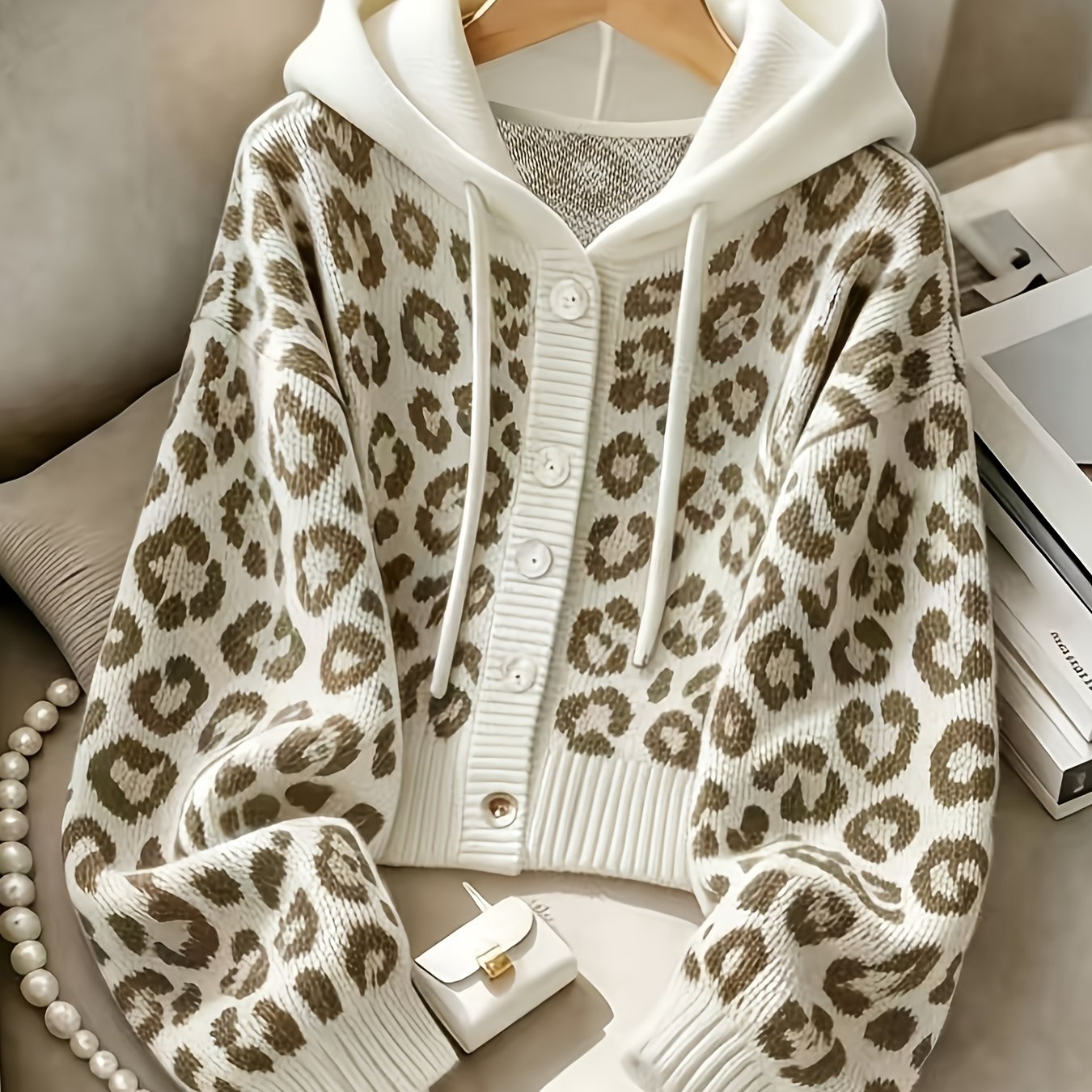 TEMU Elegant Leopard Print Hooded Cardigan, Versatile Cropped Style For Home, Office, And