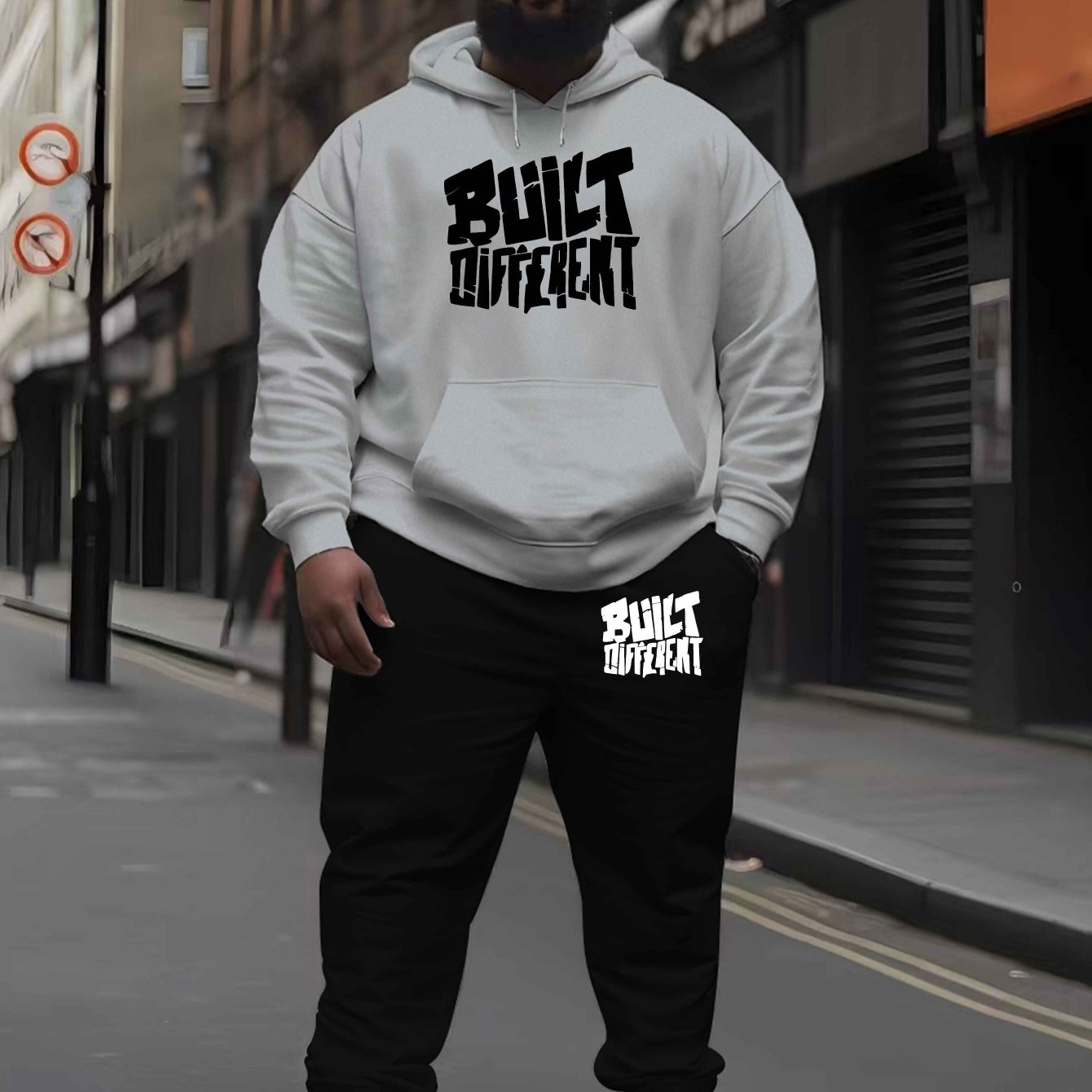 TEMU Men's Large Size Autumn And Winter Hooded Sweatshirt Set 's Trendy Printed Drawstring Hoodie Casual Sports Top Set, Plus Size