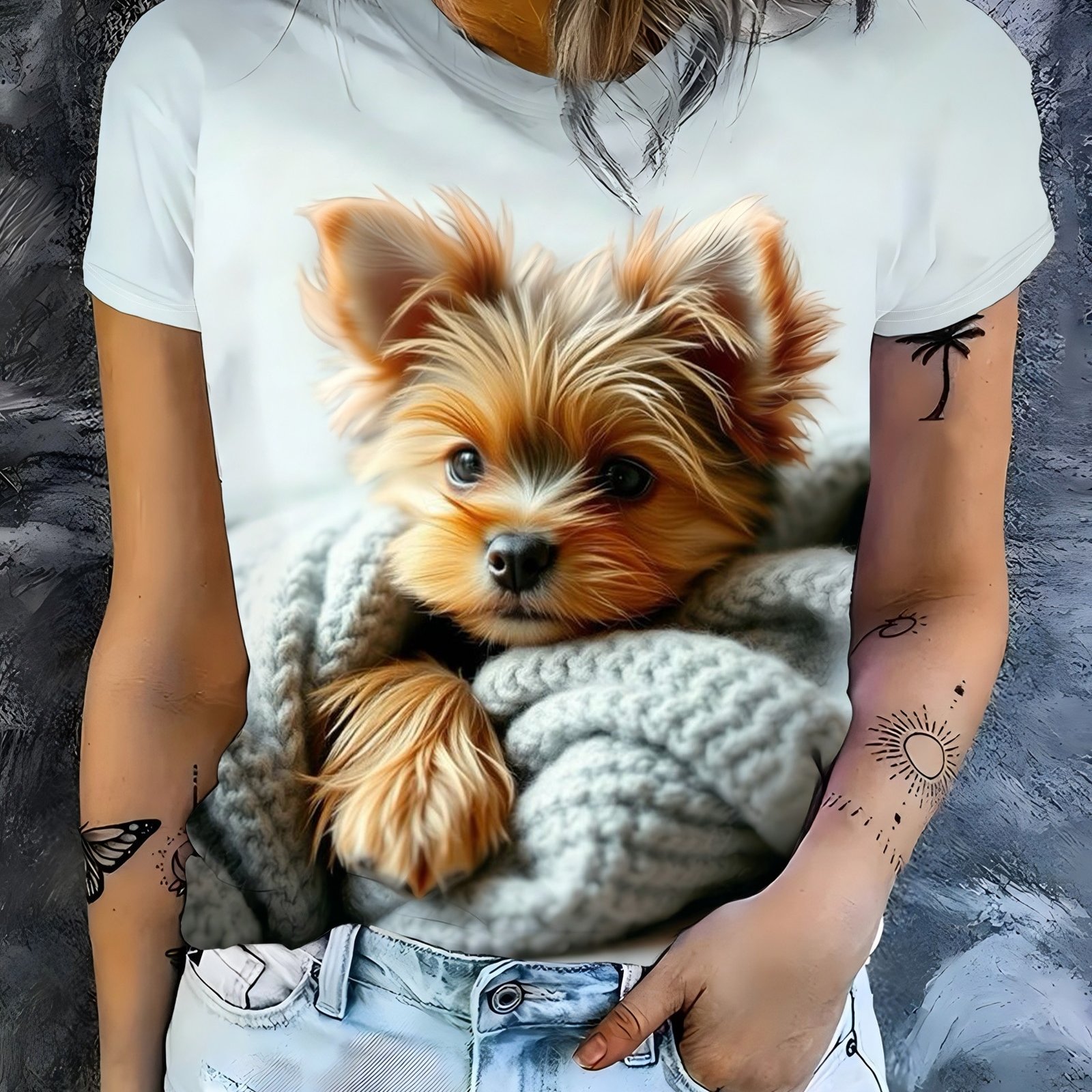 TEMU Ladies' Beautiful Shirt Top, Soft And Cute Yorkshire Puppy Print T-shirt | European And Relaxed Dating And Daily Wear, Ladies' Elegant Top,