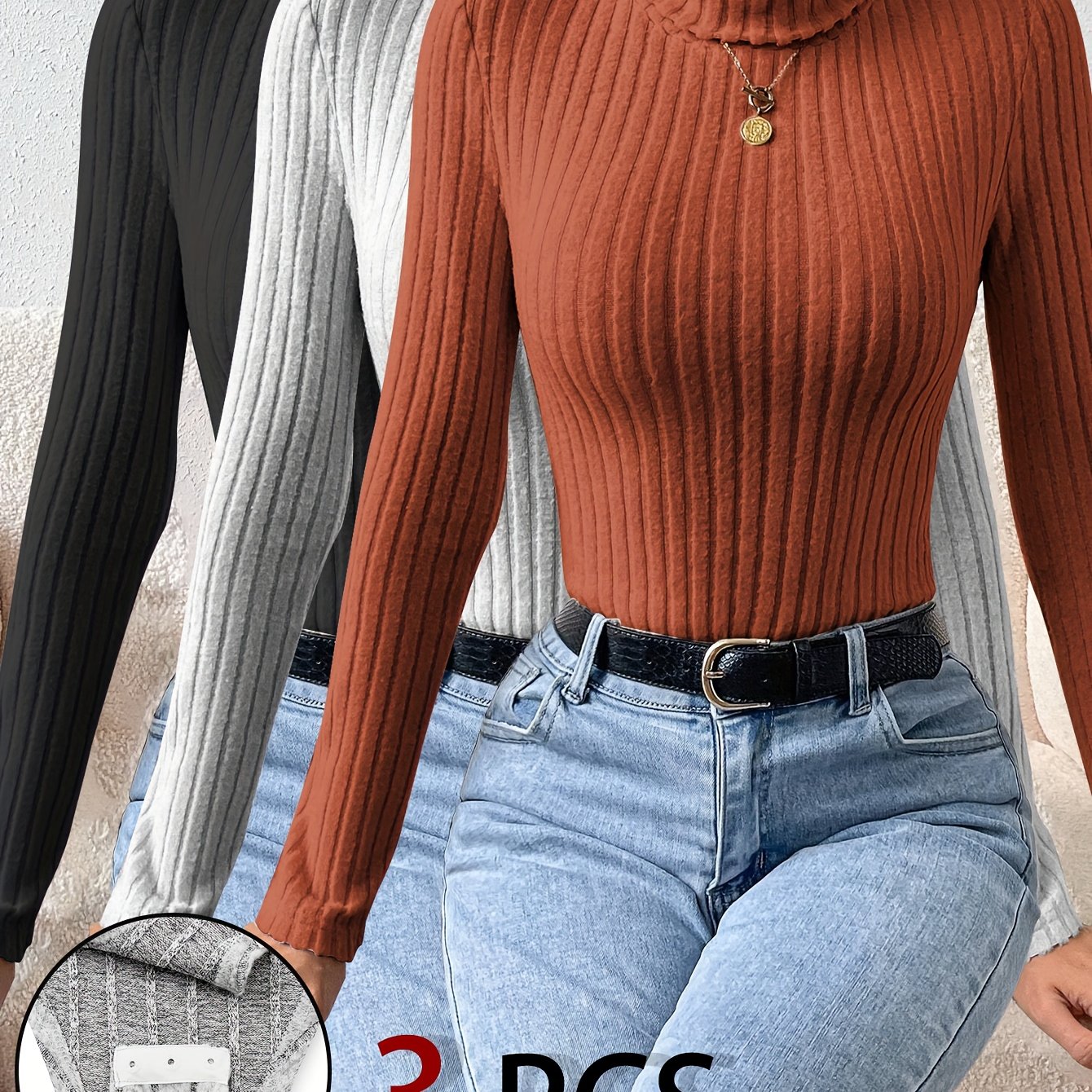 Elegant And Cozy 3pcs Women's Bodysuit Set For Fall And Winter, Featuring A Turtleneck, Plush Fabric, Solid Colors, And Long Sleeves With Pit Stripes