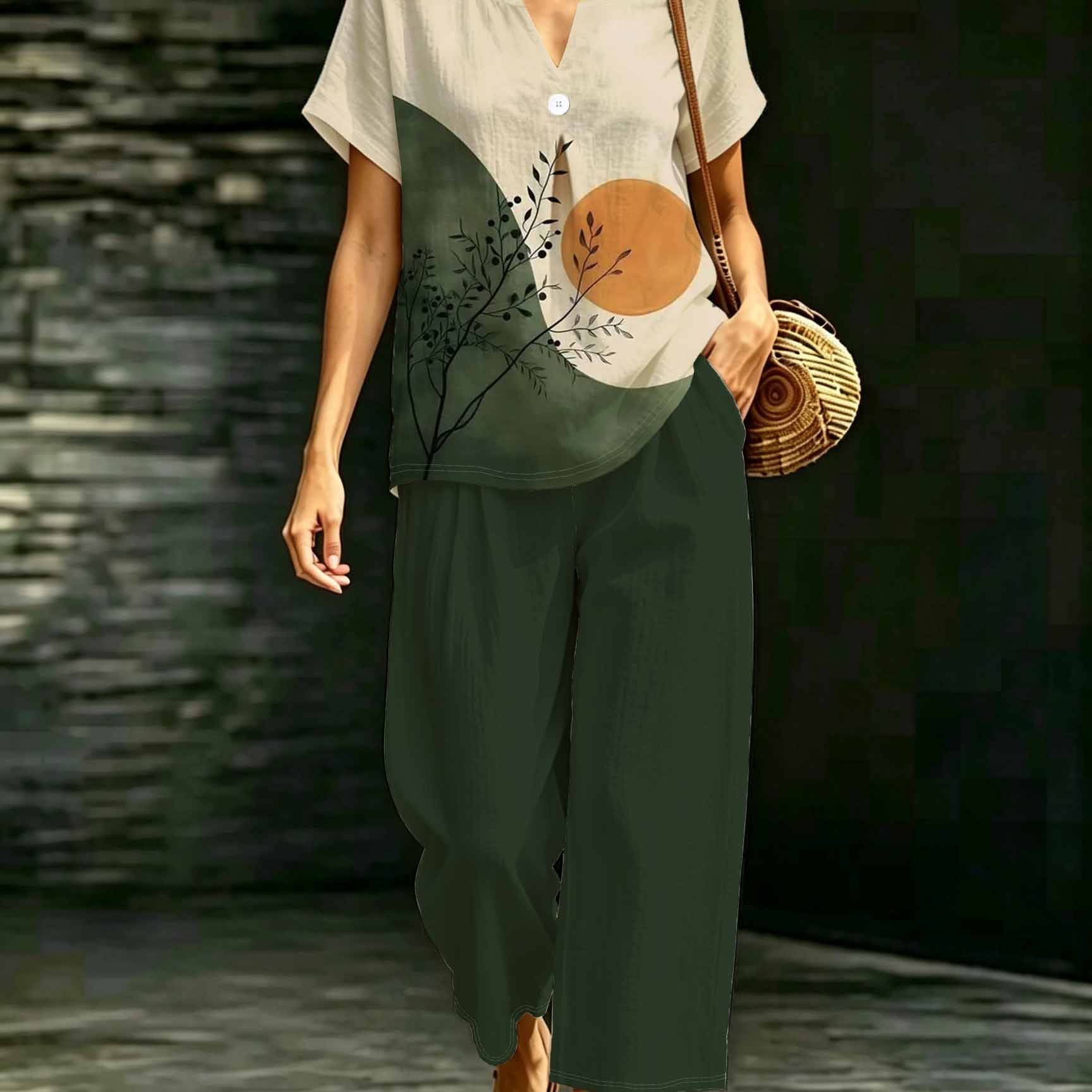 Image of Plus Size Women 2pcs Outfit, Casual Minimal 2pcs Set, Color Block Branch Leaf Print , Bohemian & Fresh Pastoral Style, Suitable For , Street Casual 2pcs Outfit