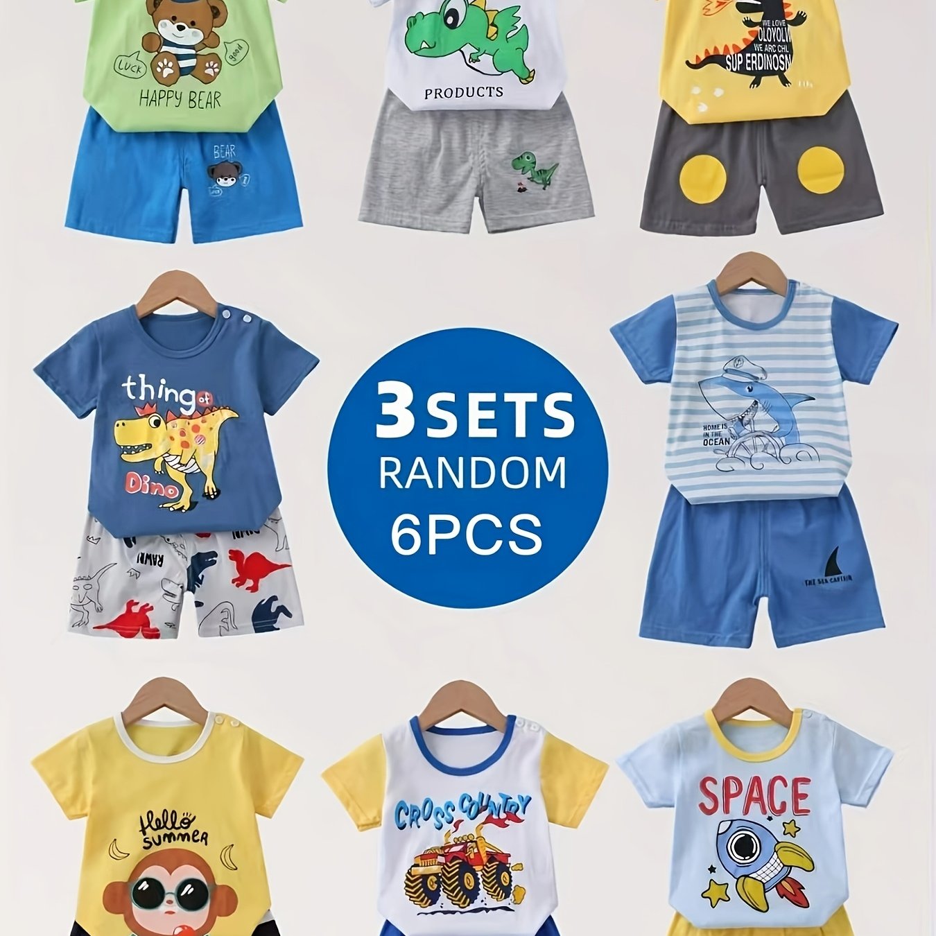 Image of Random 3-set, 6pcs Set (3pcs Short Sleeve And 3pcs Shorts) Cute Casual Short Sleeve And Shorts Set, Animal Car Print, Soft Comfortable Breathable Set, For Outdoor