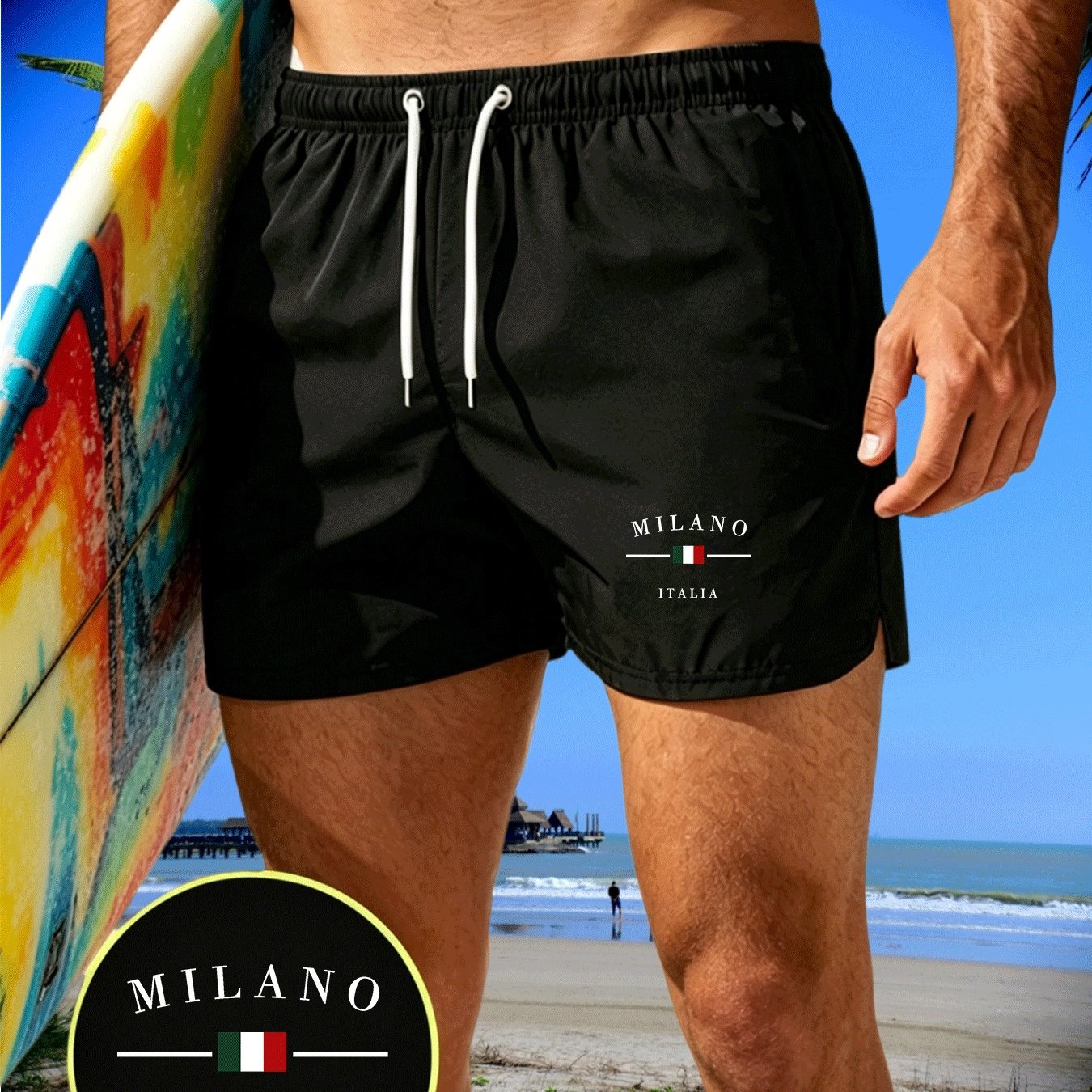TEMU Men's Lightweight Quick-drying Beach Shorts With Elastic Drawstring Waist, Stylish Tropical Print, Suitable For Swimming Hiking Travel, Summer