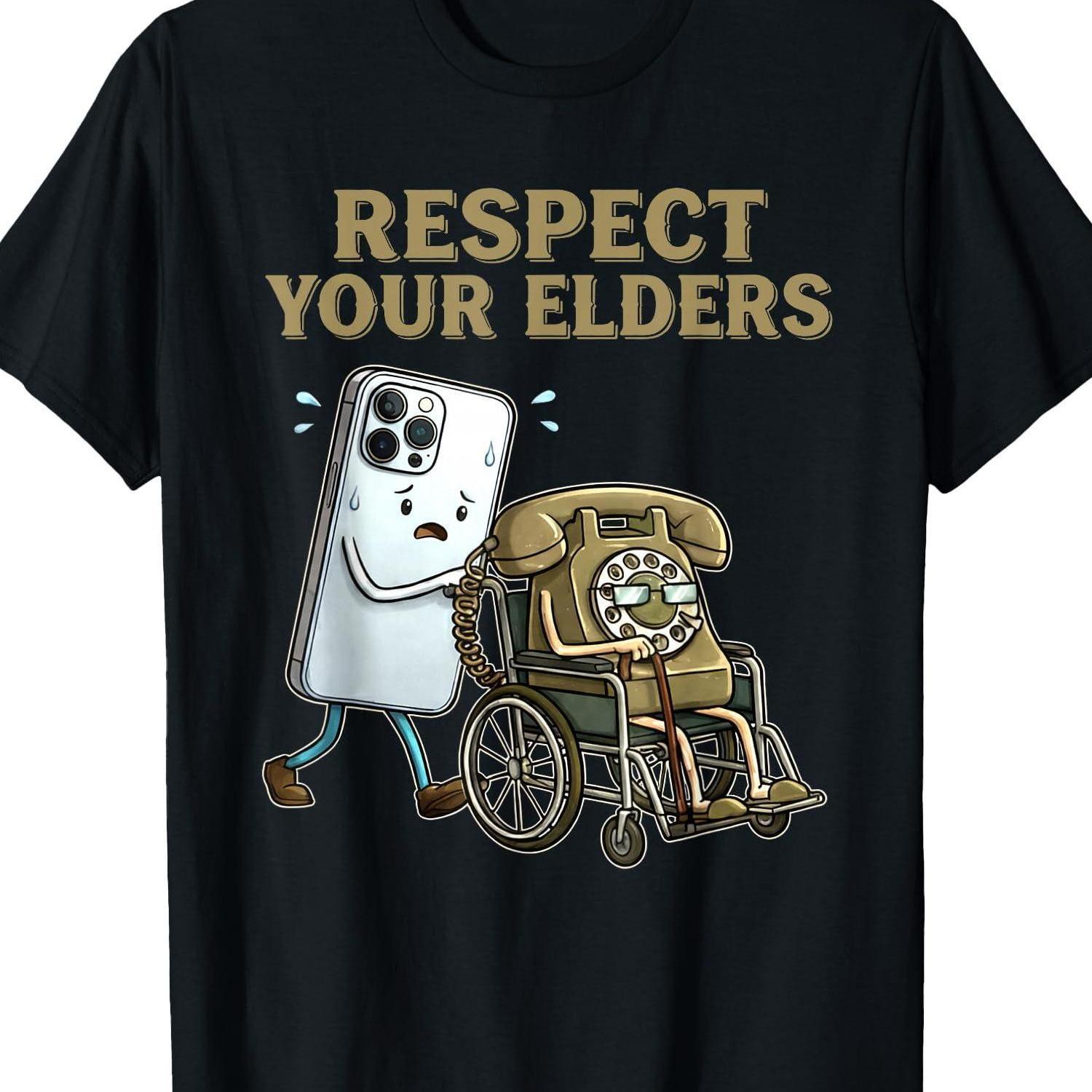 TEMU Plus Size T-shirt, Men's Big & Tall T-shirt, Men's Fun , " Your Elders" Graphic Tee, Humorous Smartphone Pushing Rotating Phone Design, Vintage
