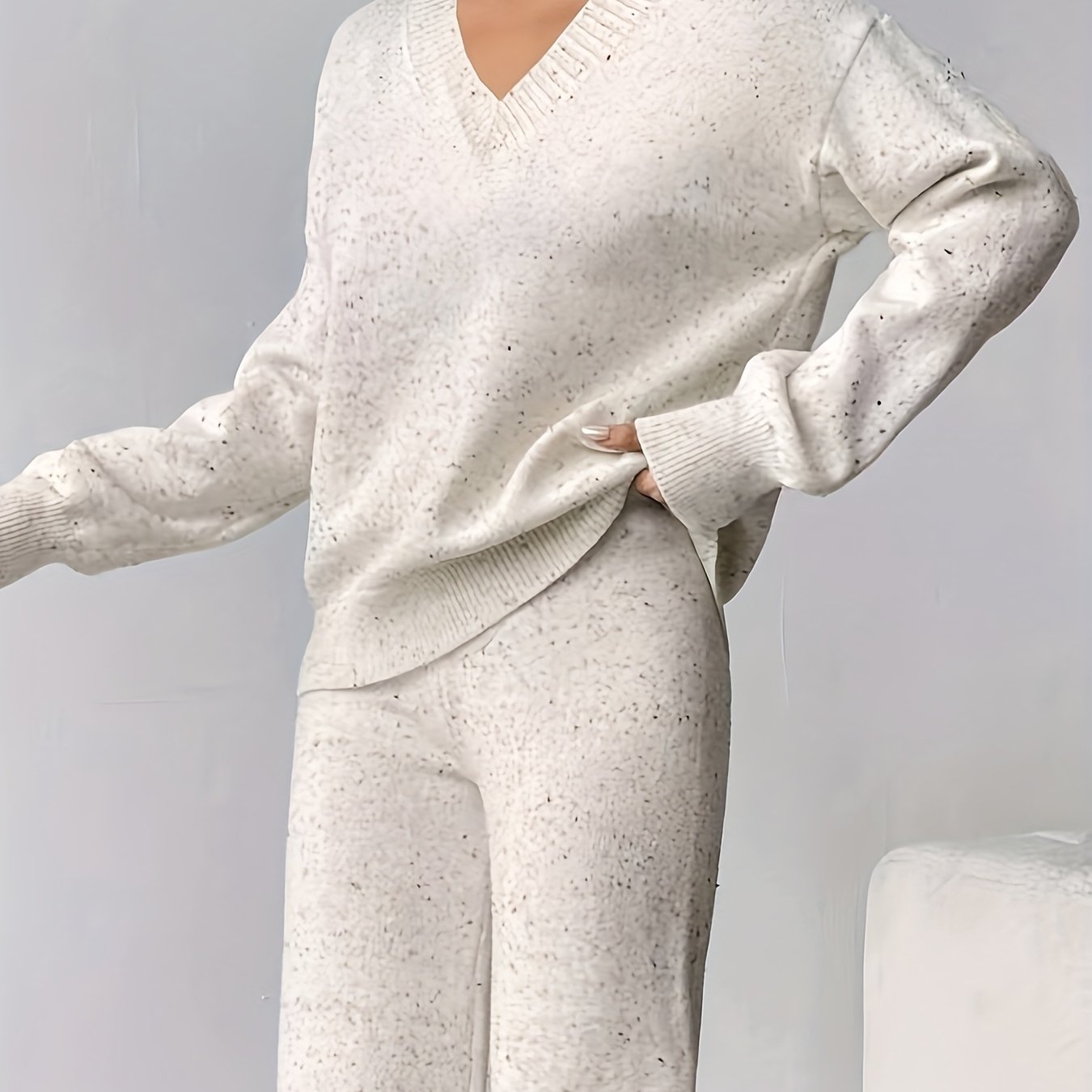 TEMU Women's V-neck Polka Dot Casual Daily Autumn And Winter Sweater Two-piece Set