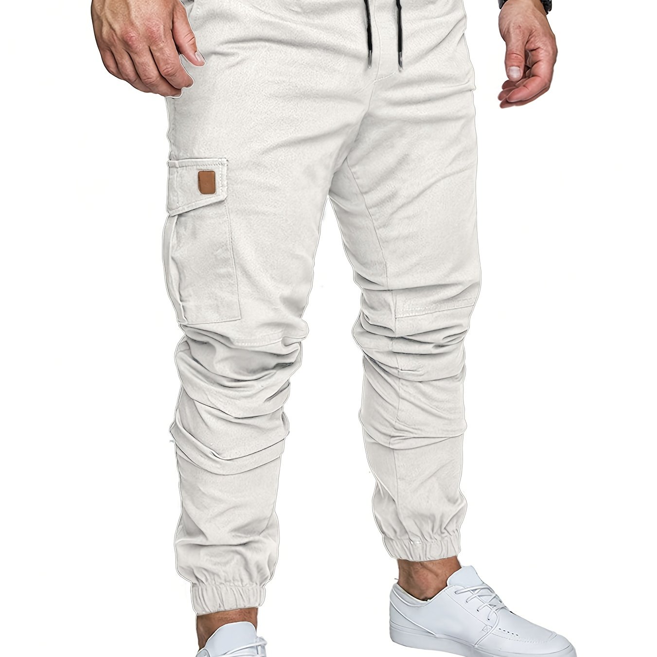 TEMU Men Patched Detail Flap Pocket Drawstring Waist Pants, Going Out Plain Long Casual Slacks Pants, For Husband, Boyfriend Gifts