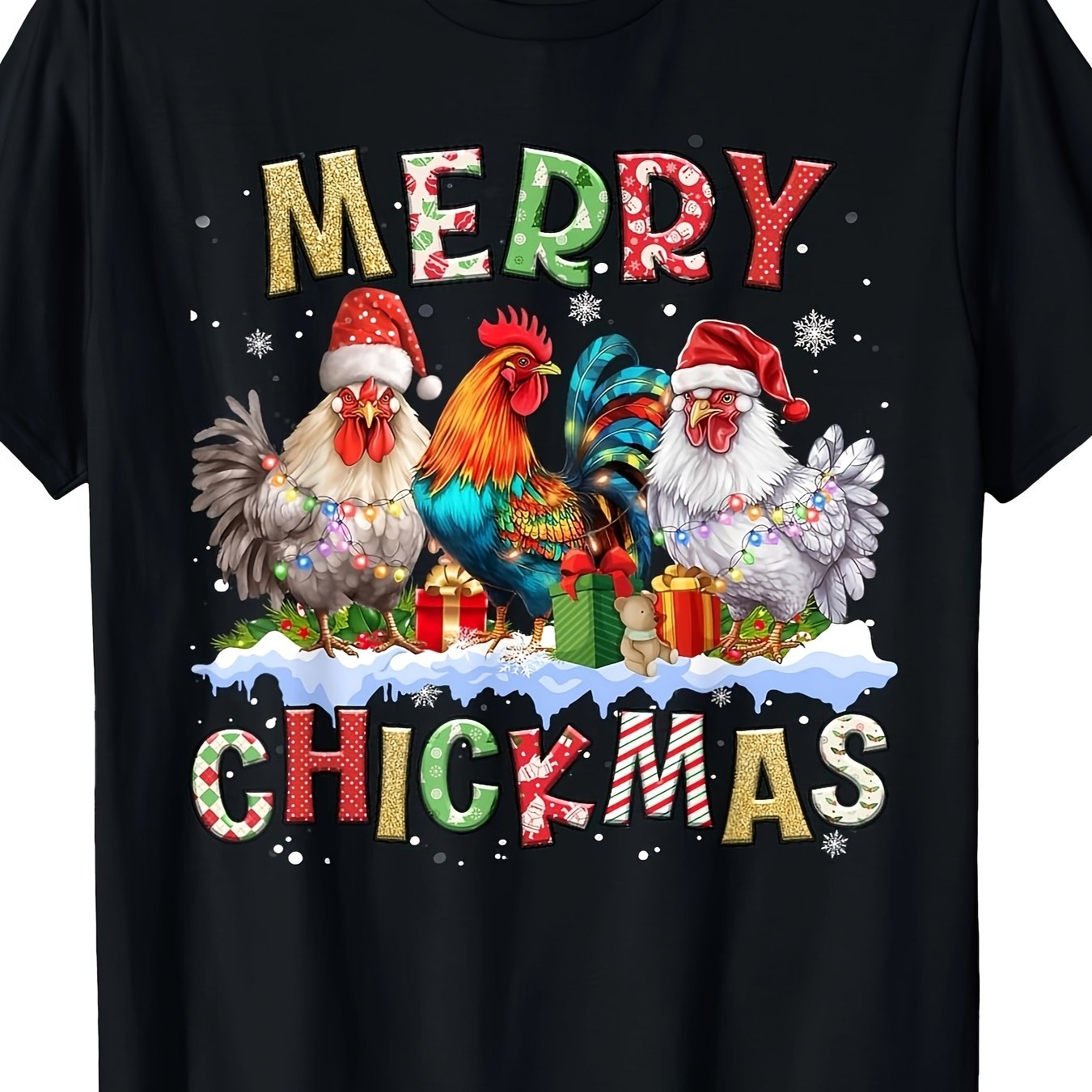 Men' S Festive Christmas Lights Graphic Tee - 100 Cotton, Casual Round Neck Short Sleeve Shirt For