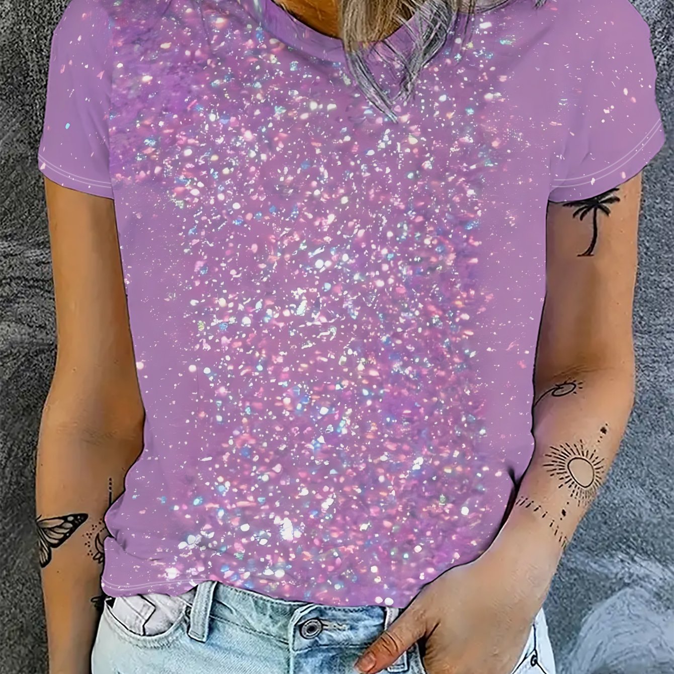 TEMU Light Purple V-neck Short-sleeve T-shirt, With Colorful Glitter, Featuring An And Design