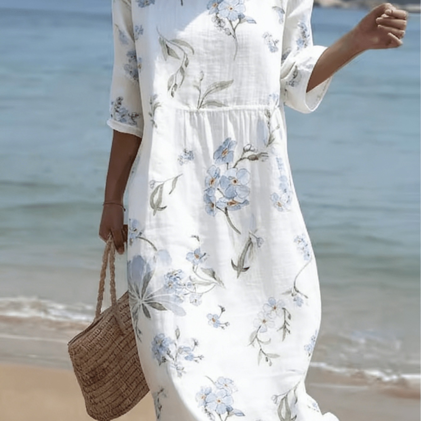 Image of Women's Casual Round Neck Mid-sleeve Printed Dress, Casual Blue Me Not Floral Print Midi Dress, Summer Bohemian Beach Dress For Holiday