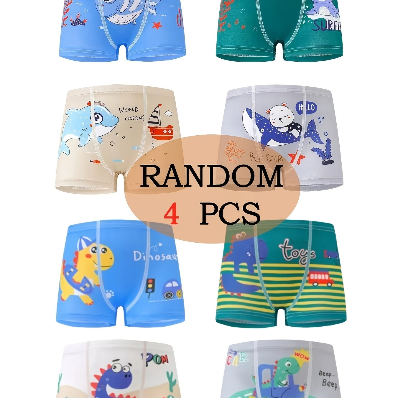 4pcs Set With Random Prints In Assorted Colors, Boys' Mid-rise Boxer Briefs, Comfortable, Soft, And Breathable Cartoon-printed Boxer Shorts