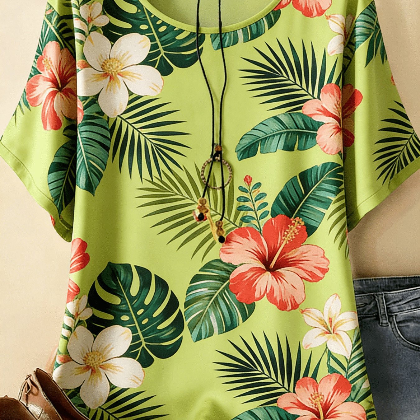 Image of Plus Size - Bright Tropical Women's Top, Lime Green With Large Hibiscus Flowers And Leaves, Loose And , Short Length With Wide Sleeves And Round Neck, Perfect For And Beach Wear