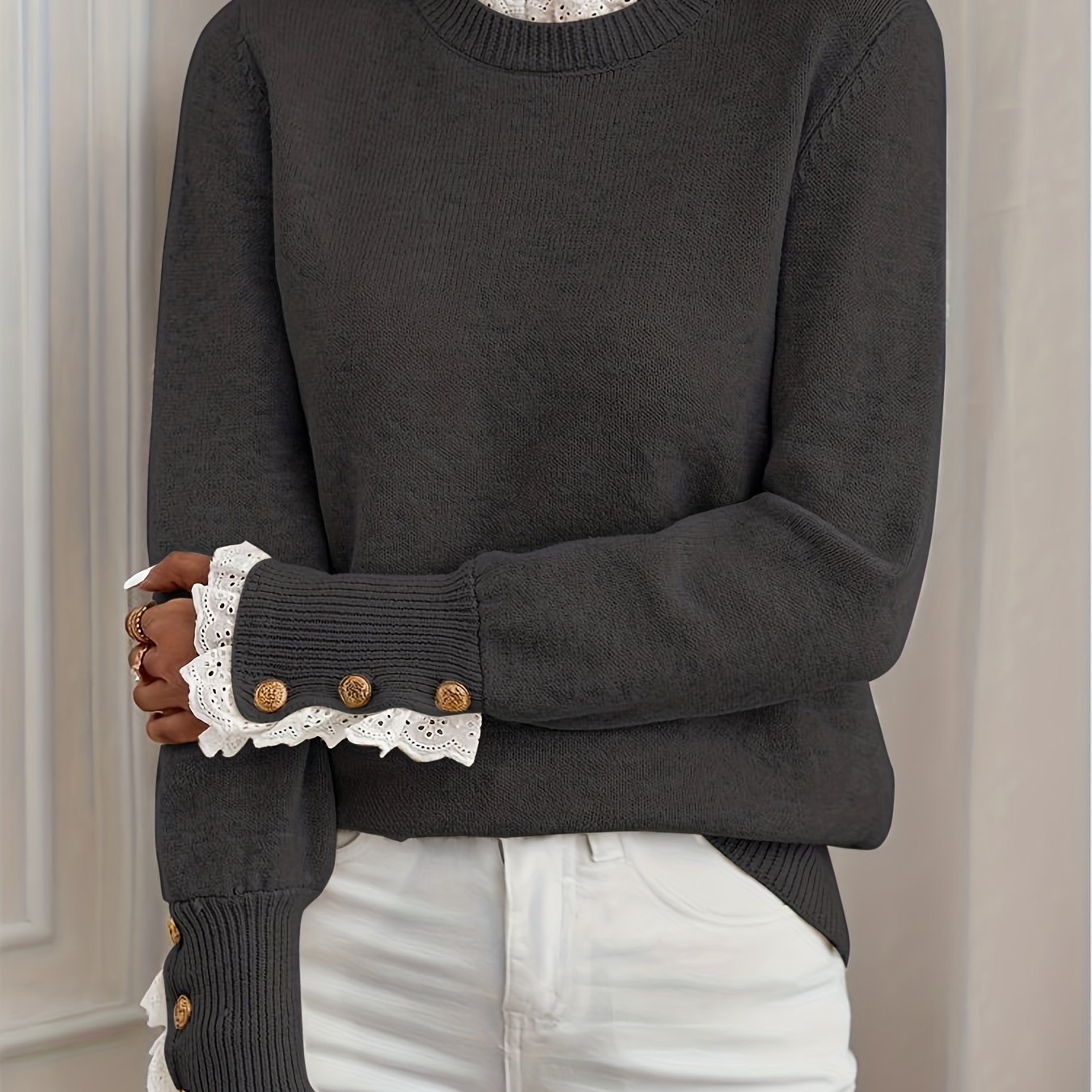 Image of 1 Autumn-winter Women's High-end Elegant Pullover With Lace Detail, Item Number Zj1204018
