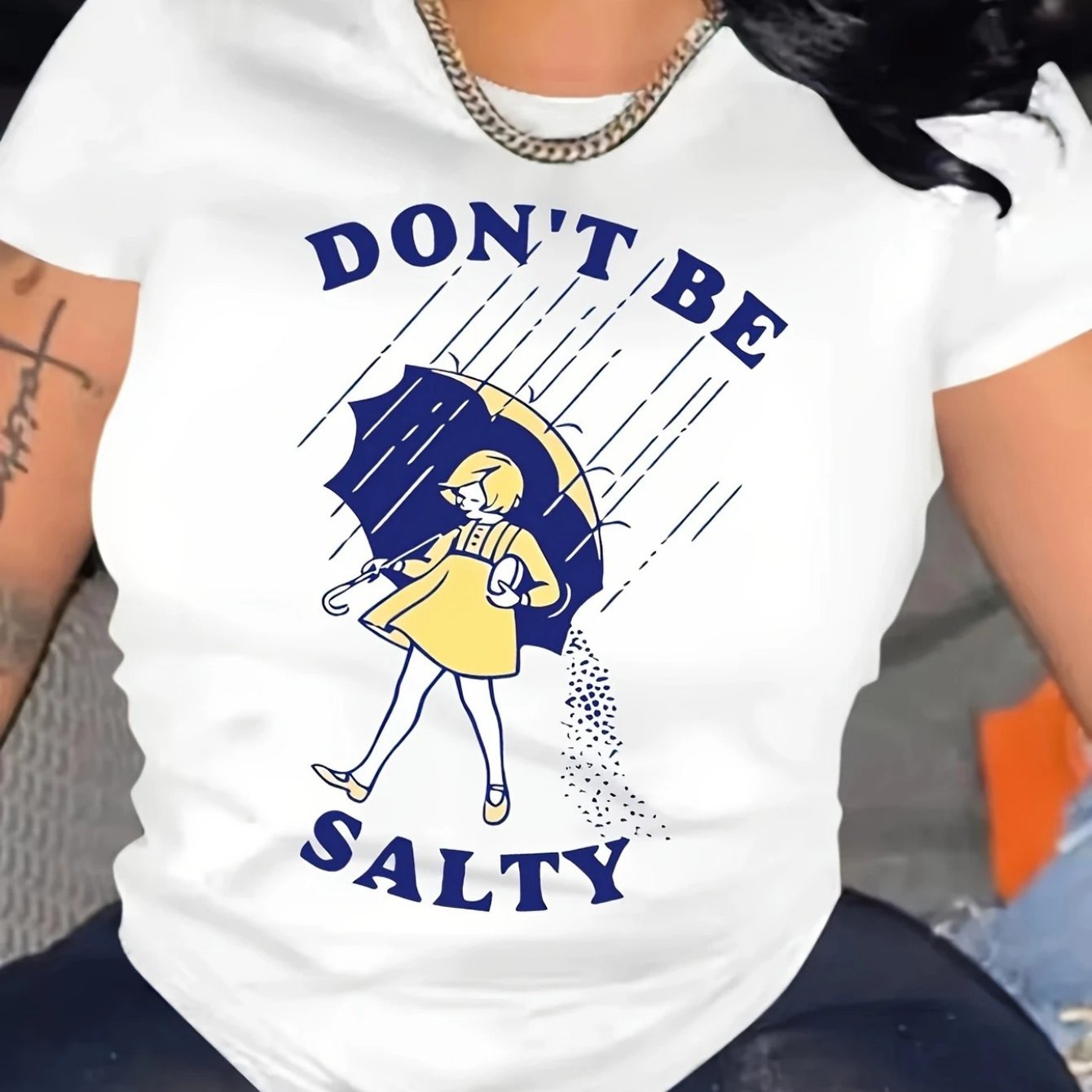 TEMU Women's "don't Be " Graphic Cotton T-shirt - Raindrop & Umbrella Print, Loose Fit Round Neck Short Sleeve Tee For Summer Parties & Casual Outfits, Casual Attire, Relaxed , Breathable Fabric