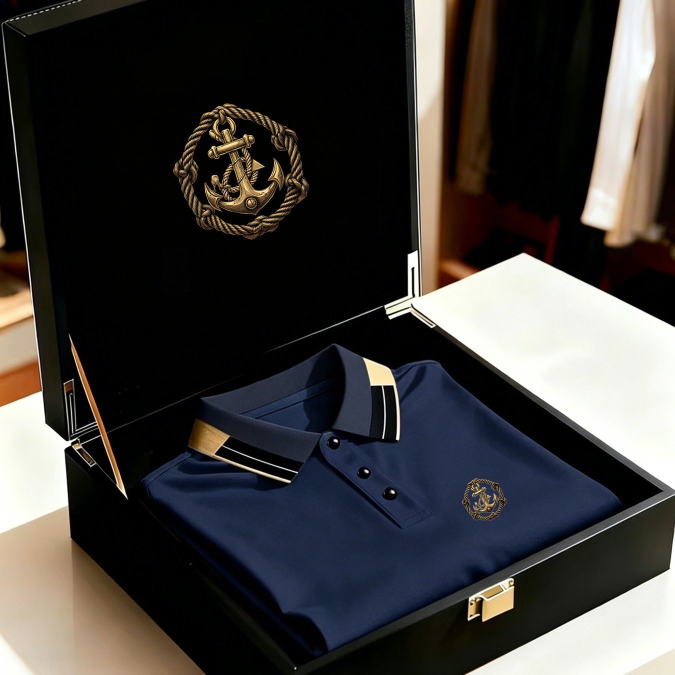 TEMU Men's Vintage Anchor Rope Loop Logo Shirt, Contrast Color Collar Nautical Style Short Sleeve, Classic Vintage Casual Top, Gift Box Not Included